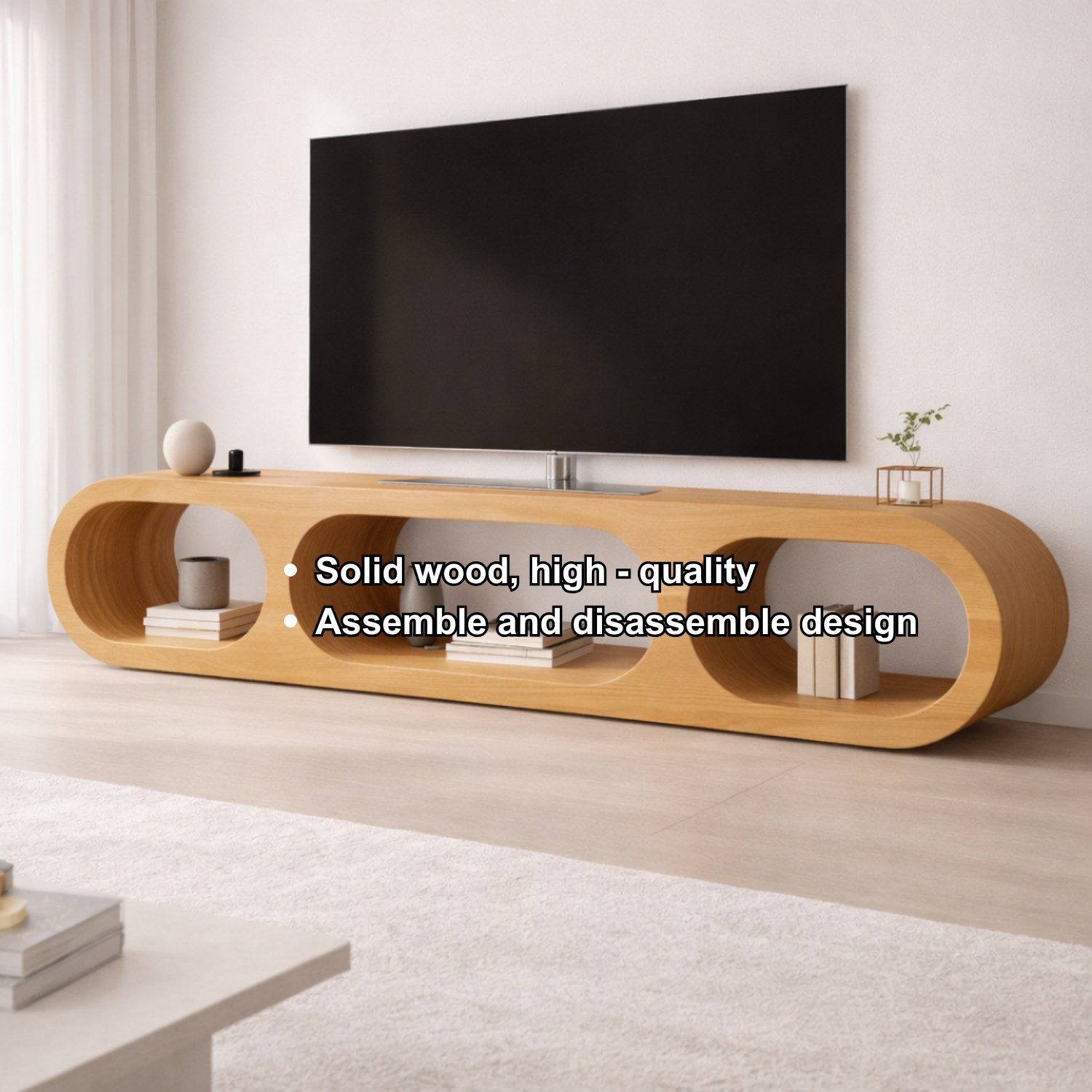 Modern Solid Wood TV Stand with Oval Open Storage and Sleek Design