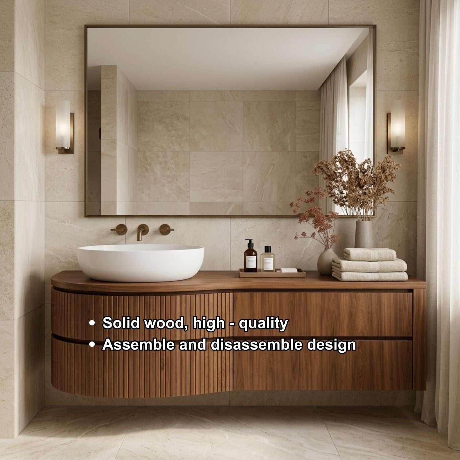 Curved Floating Bathroom Vanity with Fluted Wood Panels and Drawer Storage