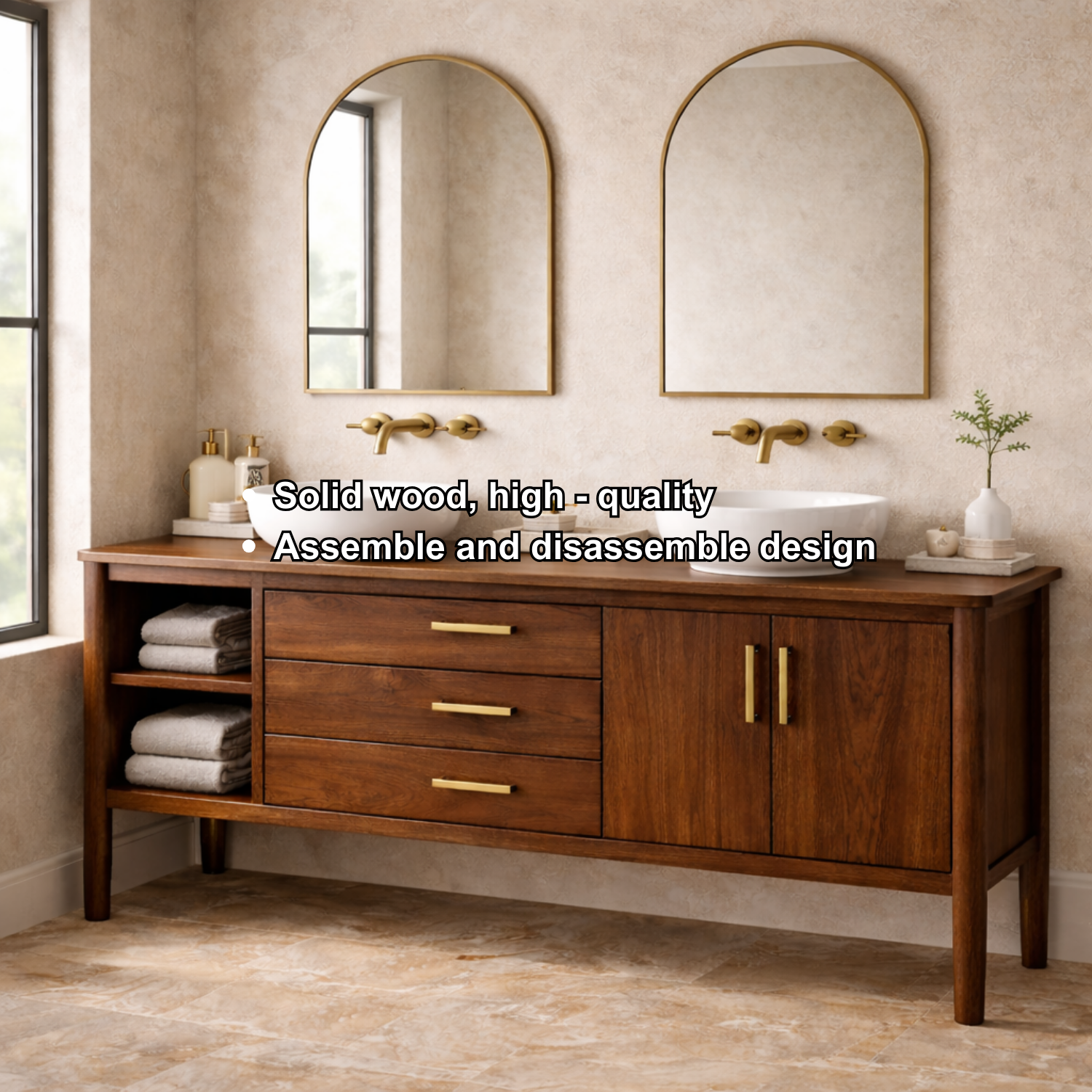 Solid Wood Bathroom Vanity with Open Shelf, Three Drawers and Double Door Cabinet