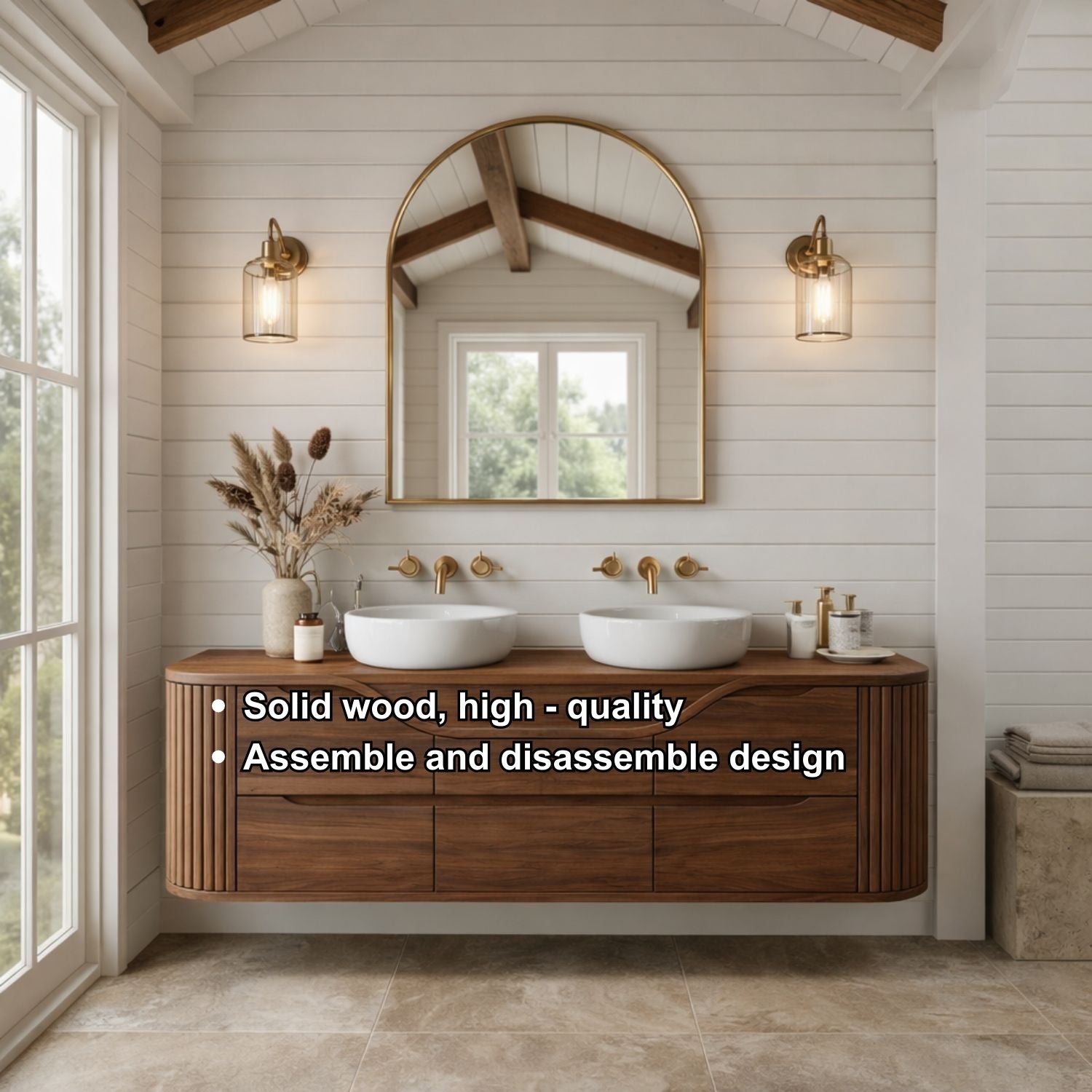 Handcrafted Floating Bathroom Vanity with Curved & Fluted Drawers – Elegant Wooden Design