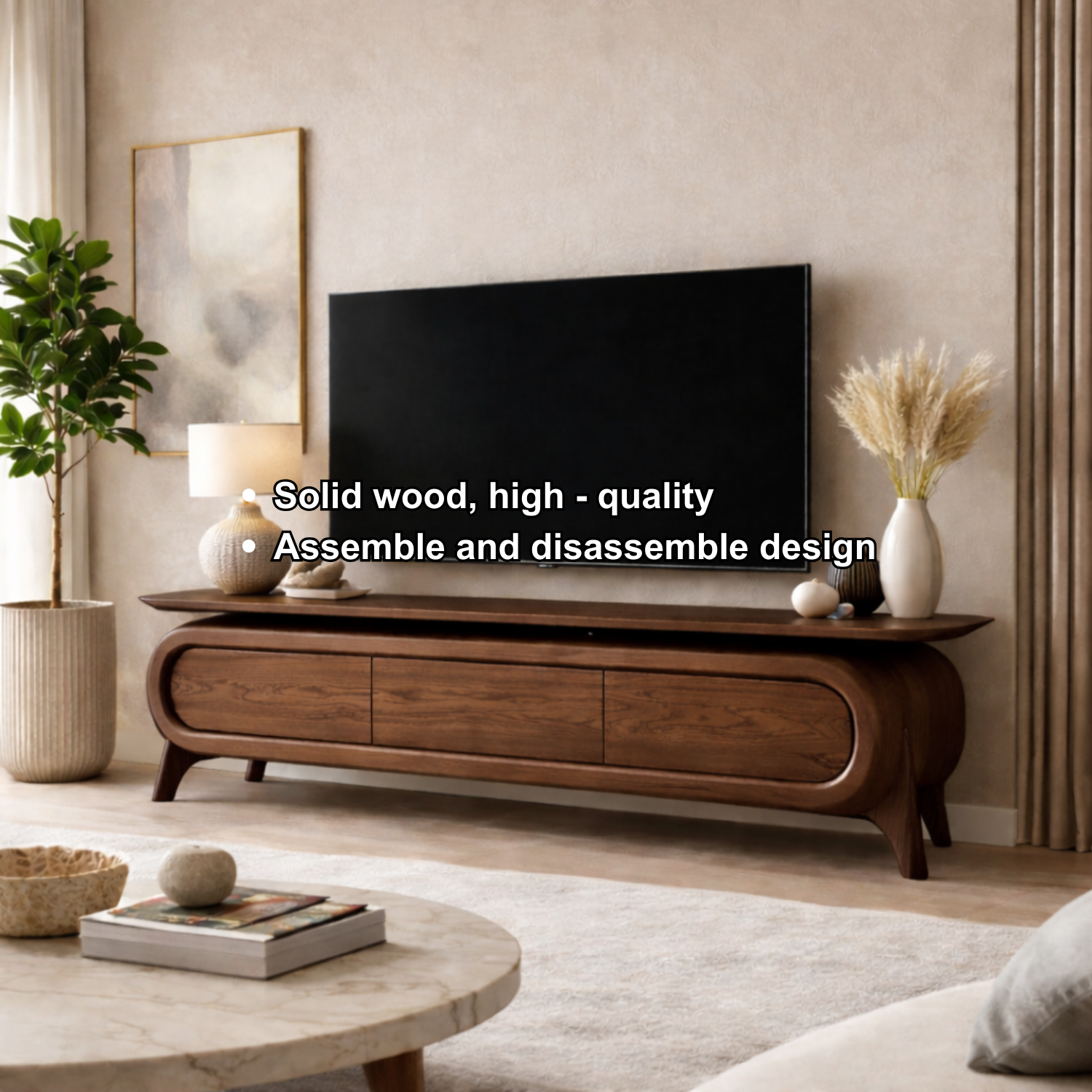 Solid Wood TV Stand with Rounded Frame Design and Three Drawer Media Storage