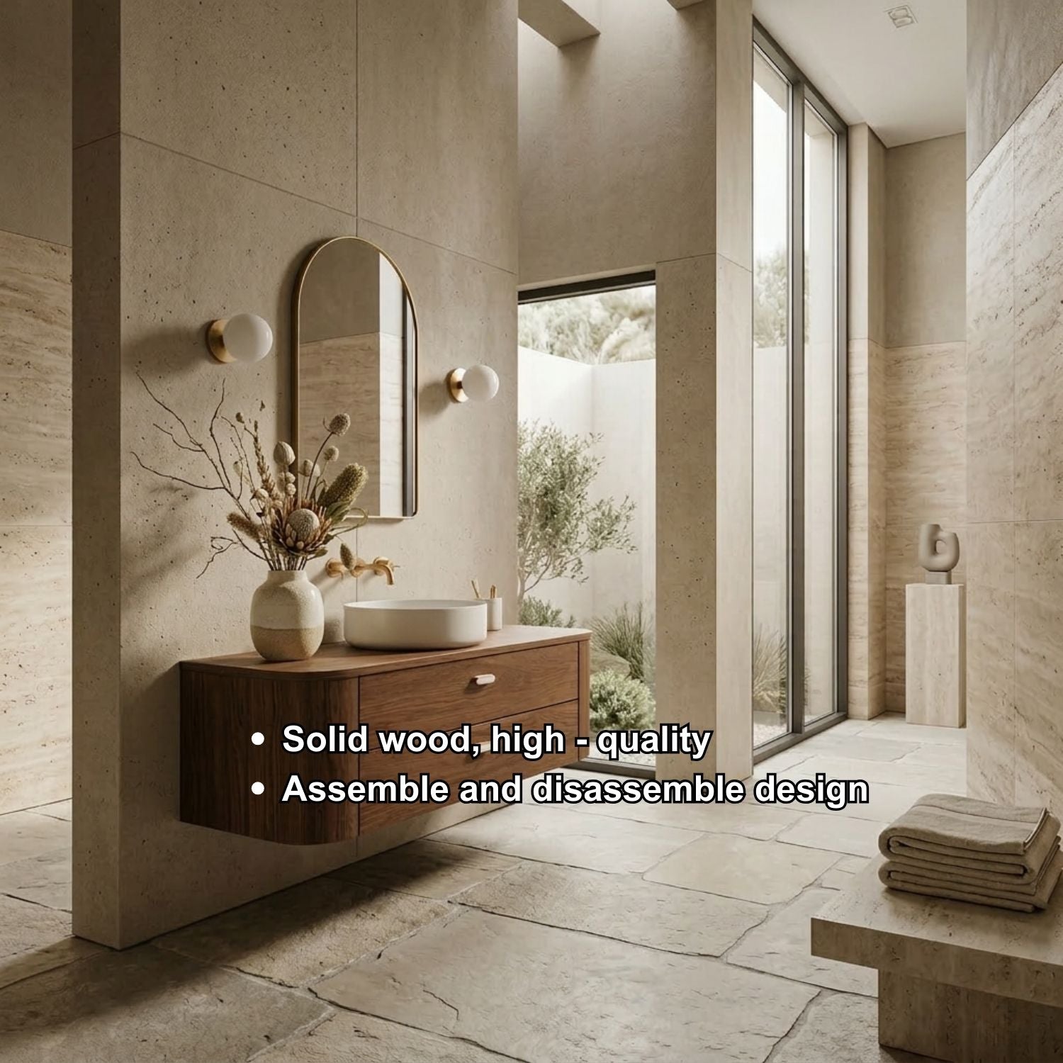 Floating Bathroom Vanity with Curved Edges and Spacious Drawers – Handcrafted Solid Wood Design