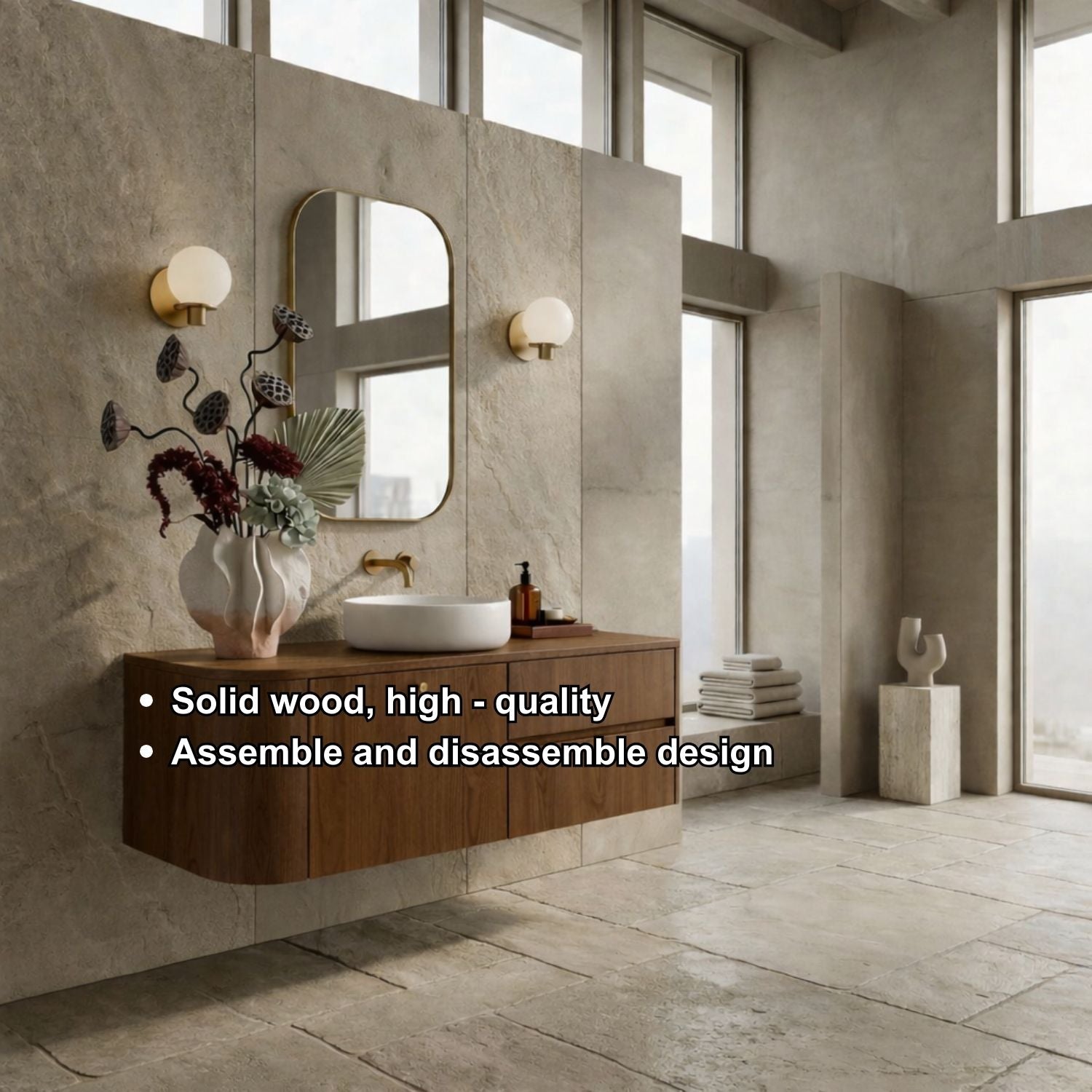Floating Bathroom Vanity with Curved Edges and Spacious Drawers – Handcrafted Solid Wood Design