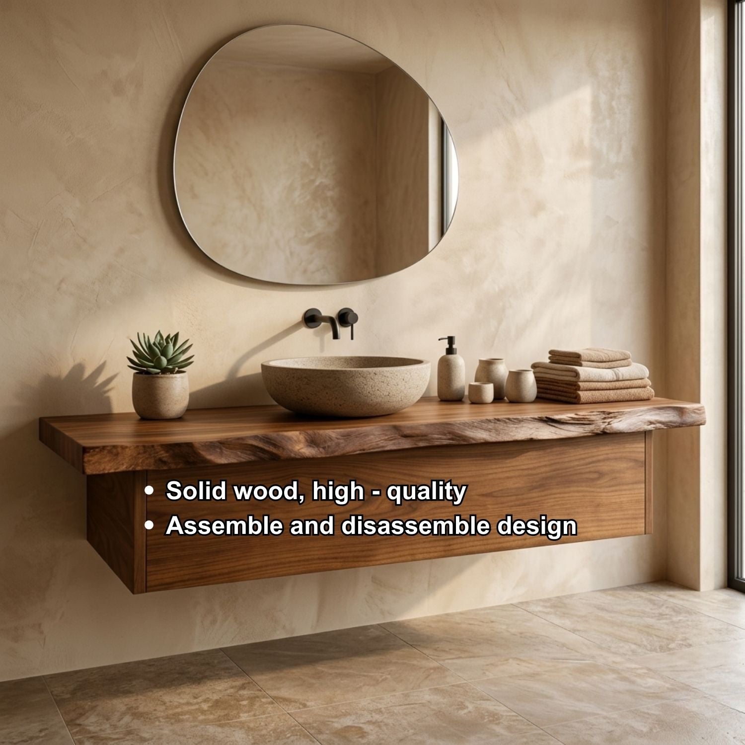 Floating Bathroom Vanity with Live Edge Wood Countertop and Minimalist Cabinet