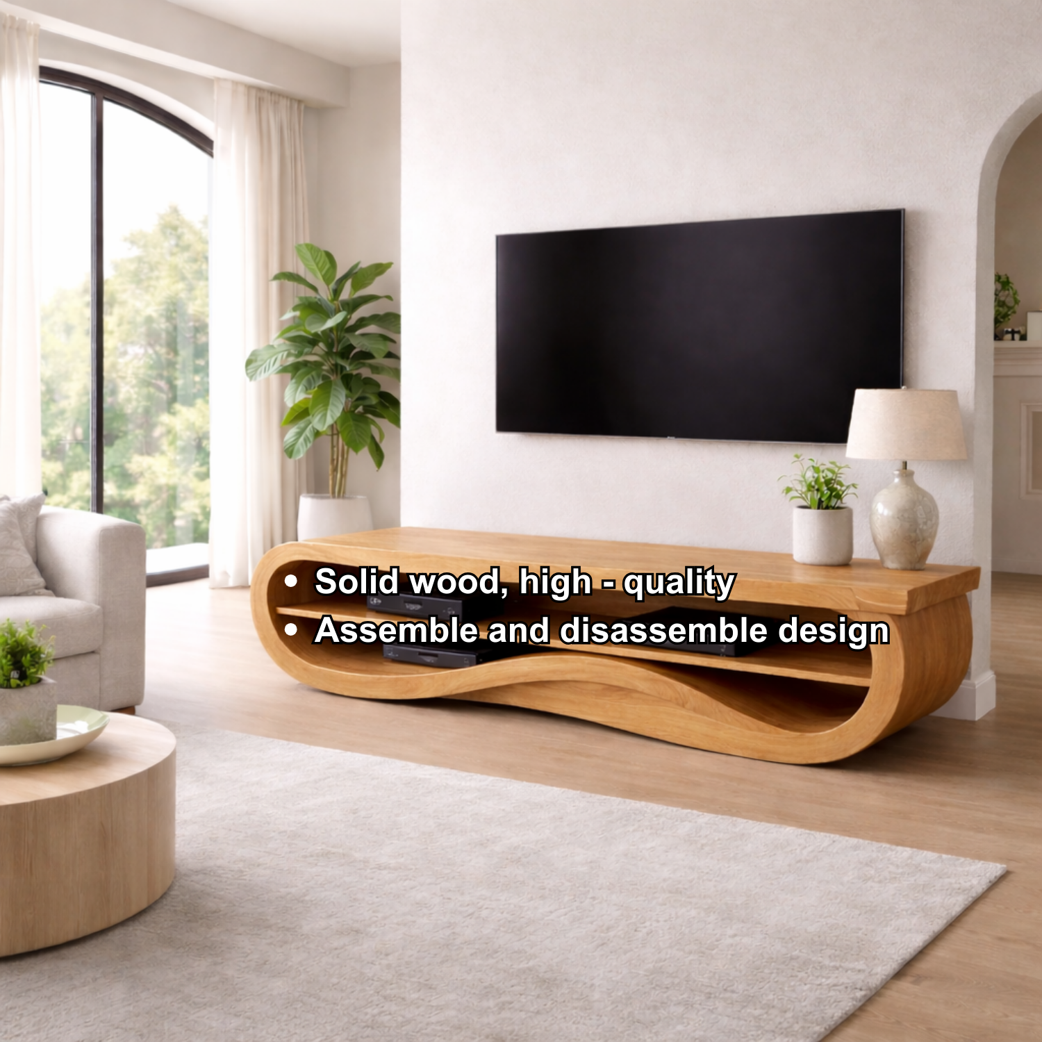 Solid Wood TV Stand with Curved Design – Modern & Functional