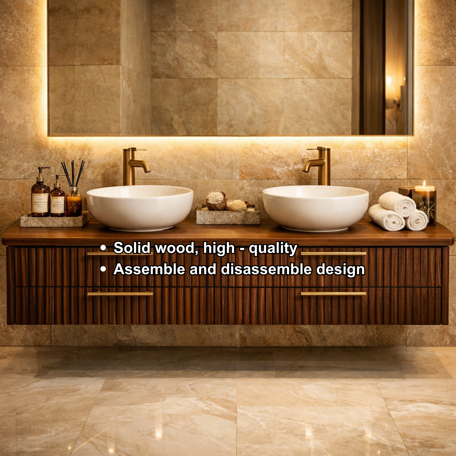 Floating Bathroom Vanity with Fluted Wood Front and Four Drawer Storage Design