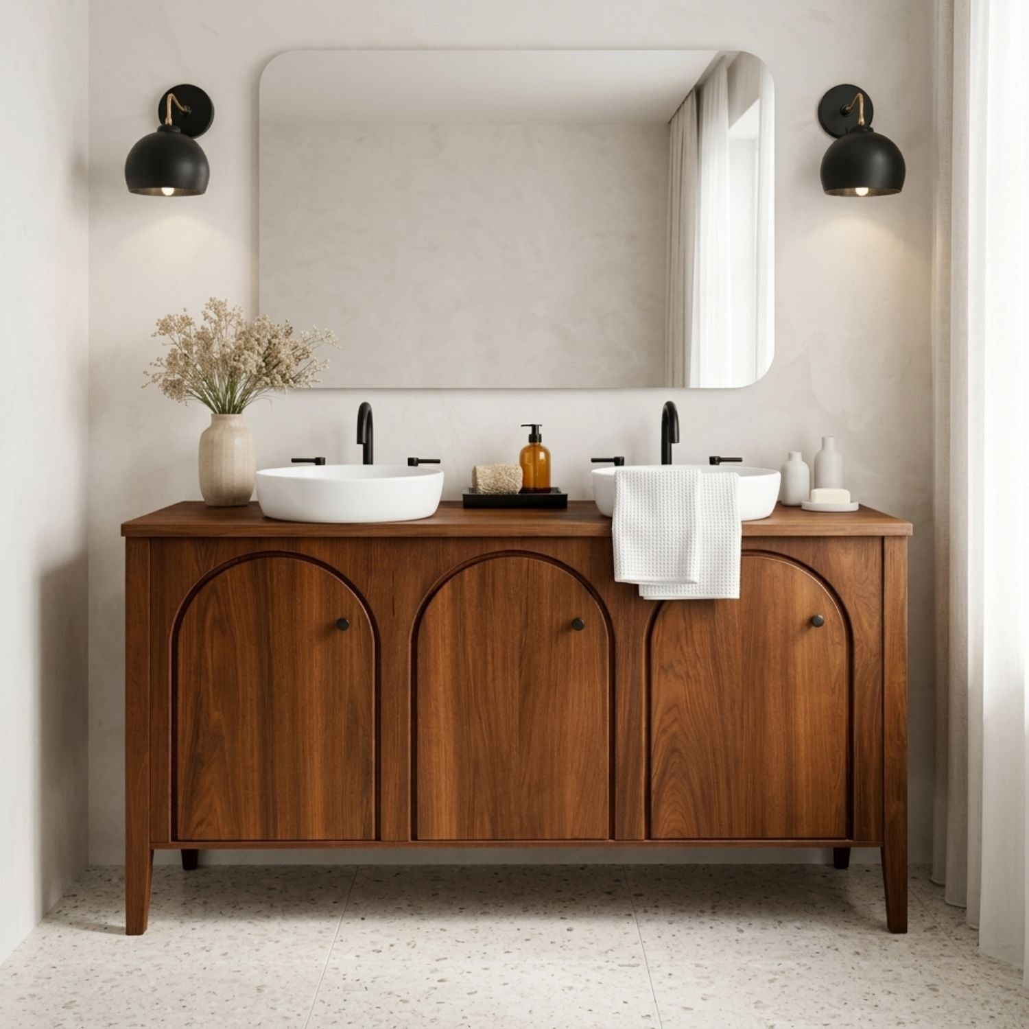 Handcrafted Triple Arch Double Vanity - Solid Wood Freestanding Modern Bathroom Cabinet