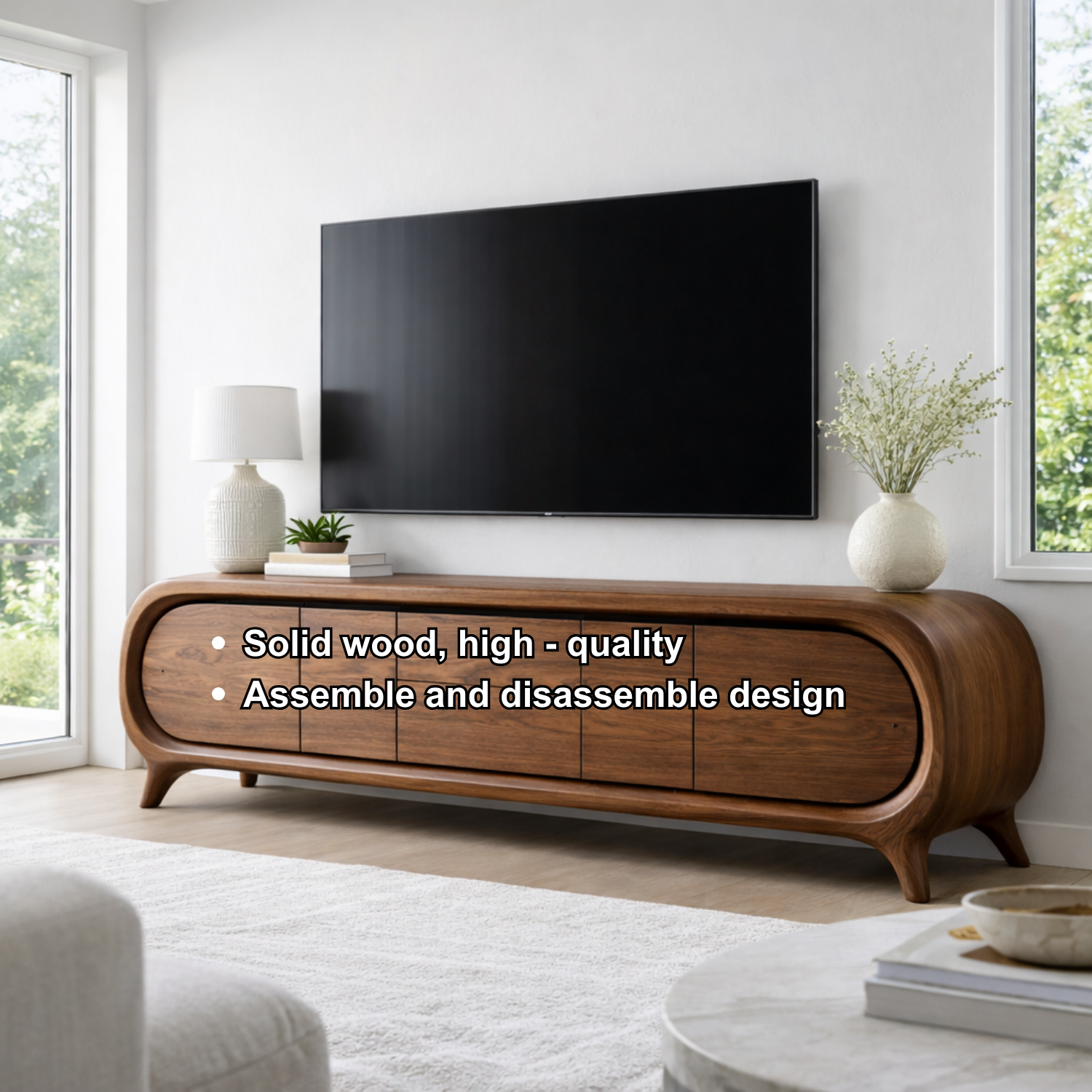 Solid Wood TV Stand with Rounded Edge Frame and Multi Door Media Storage Cabinet