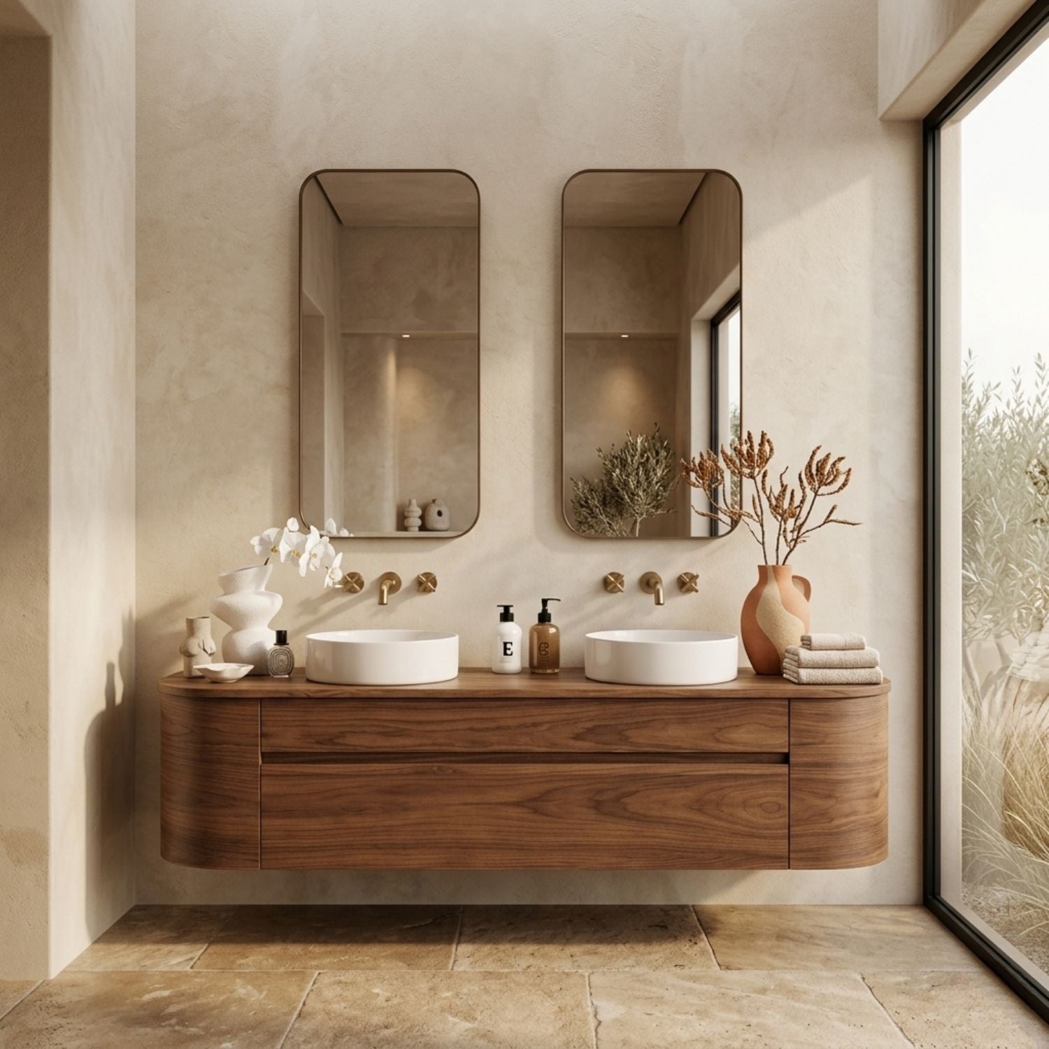 Handcrafted Wood Floating Double Vanity - Solid Wood Mid-Century Modern Bathroom Cabinet