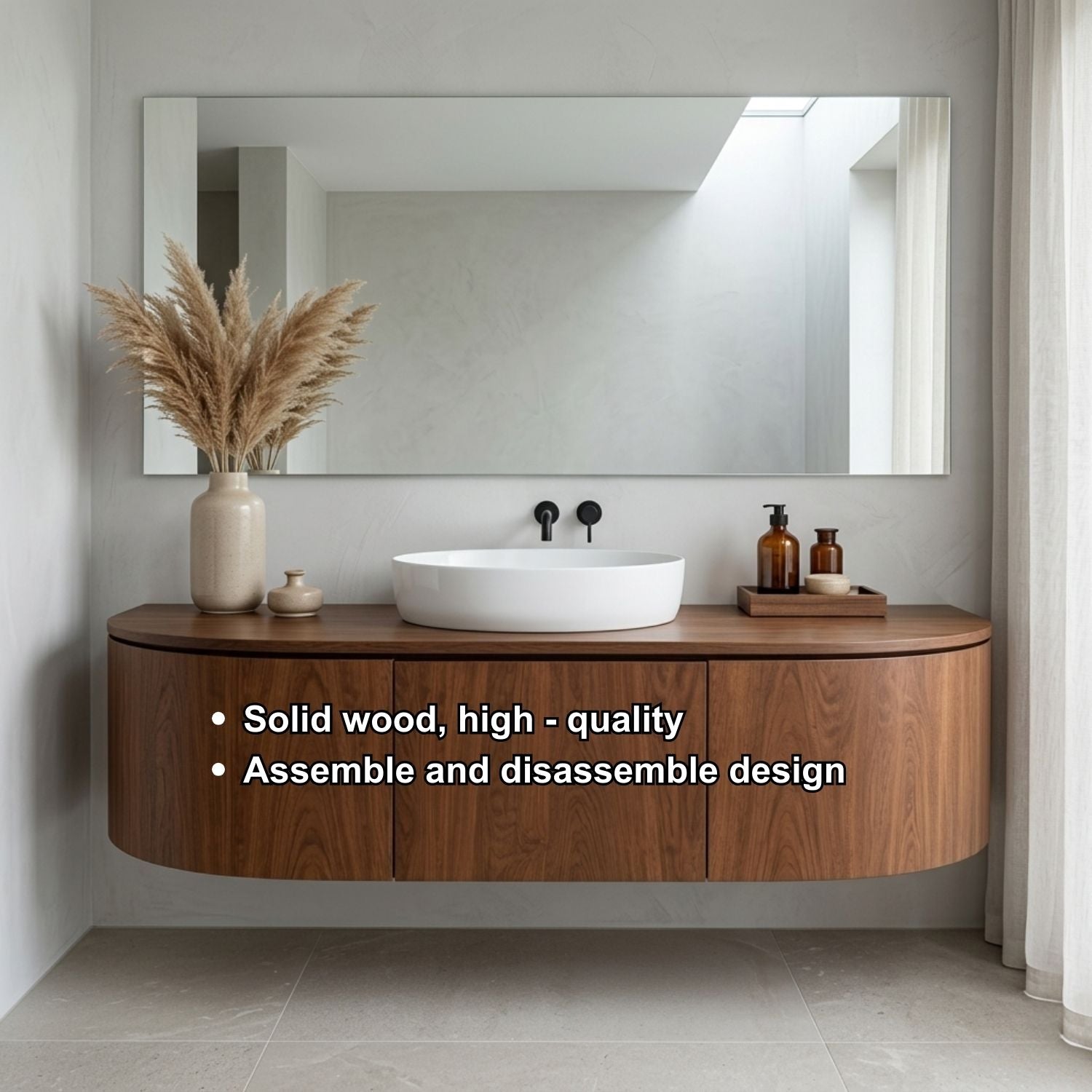 Curved Edge Floating Bathroom Vanity with Rounded Side Cabinets and Hidden Storage