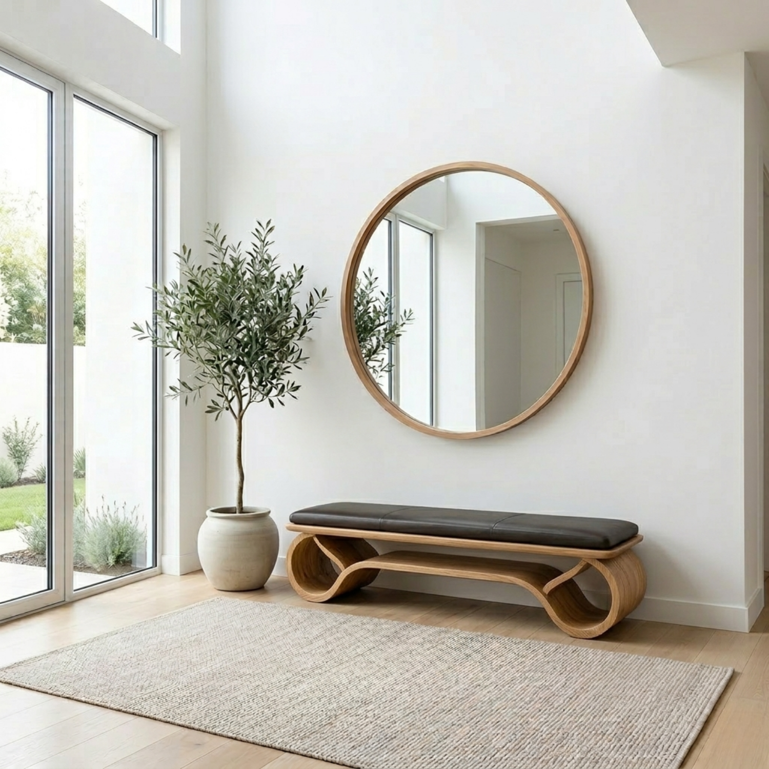 Wave Curve Solid Wood Entryway Bench with Sculptural Base – Modern Organic Style