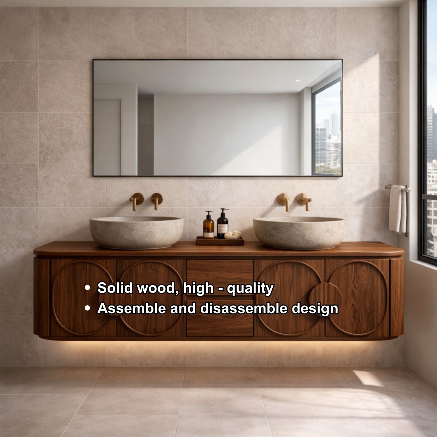 Floating Bathroom Vanity with Circular Panel Doors and Center Drawer Storage