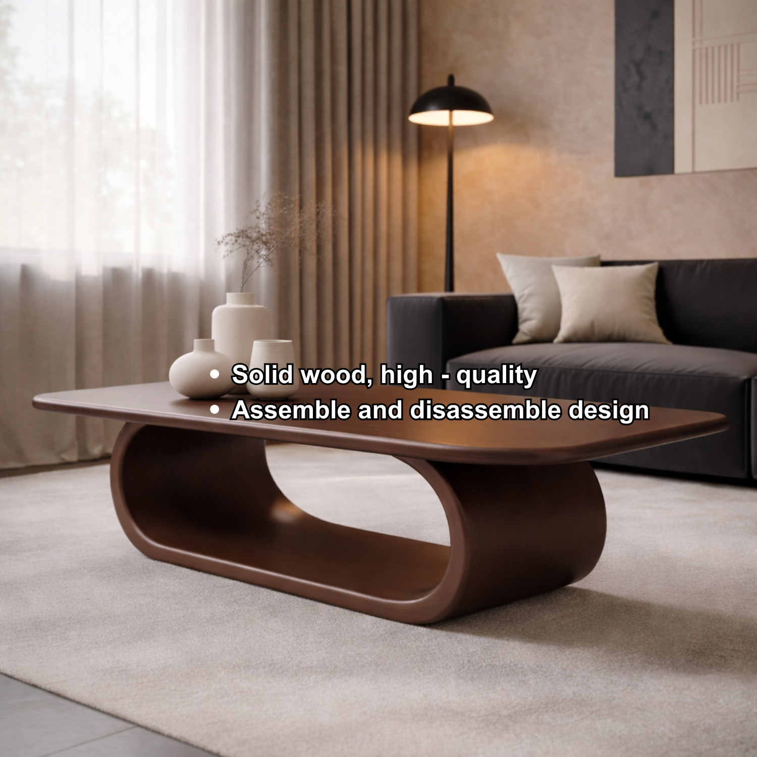 Minimalist Solid Wood Coffee Table with Sleek Curved Base – Modern Living Room Style