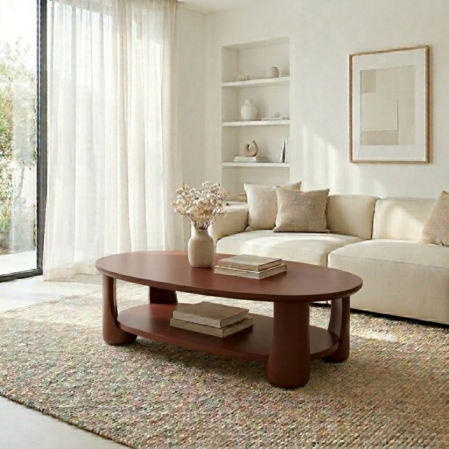 Solid Wood Oval Coffee Table with Shelf – Modern Minimalist Living Room Table