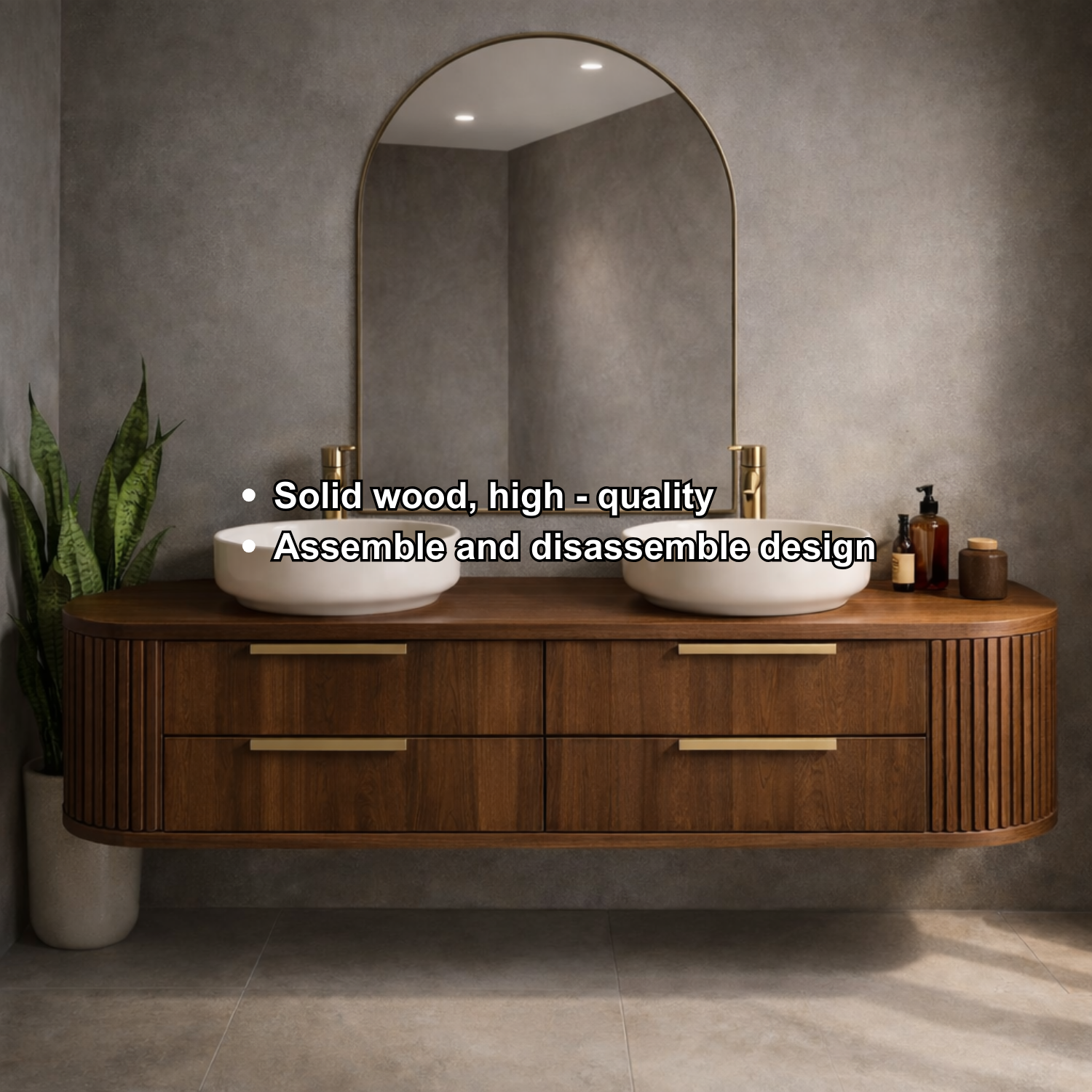 Floating Bathroom Vanity with Fluted Side Panels and Four Drawer Storage Design