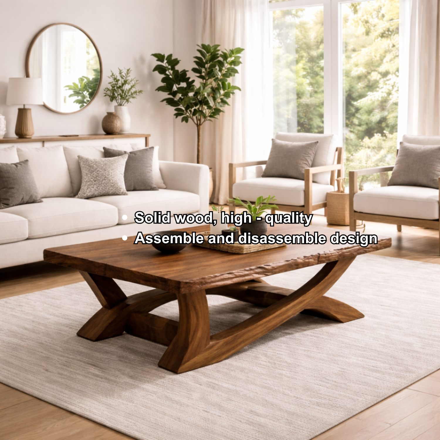 Rustic Solid Wood Coffee Table with Live Edge Design – Natural Charm for Living Rooms