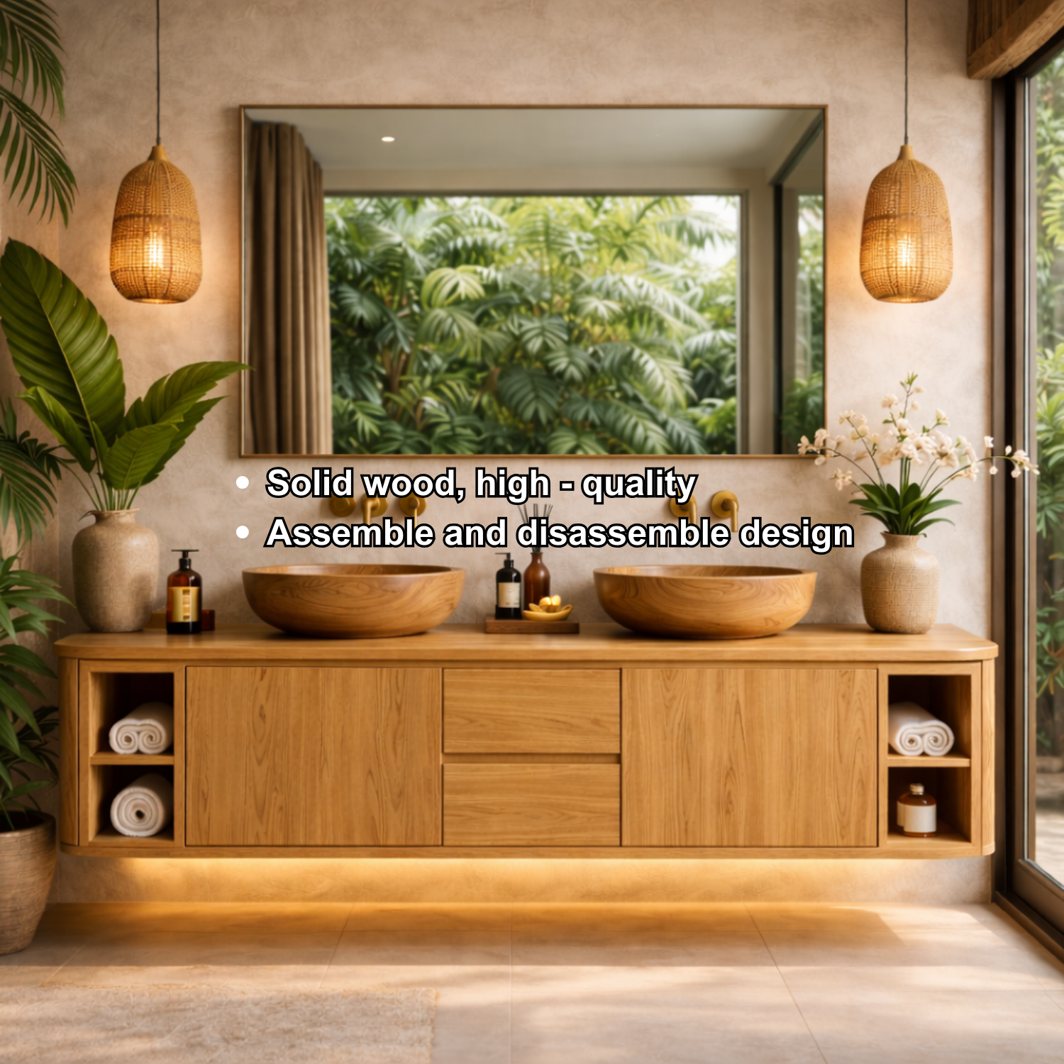 Solid Wood Floating Bathroom Vanity with Center Drawers and Open Side Shelves Storage Design