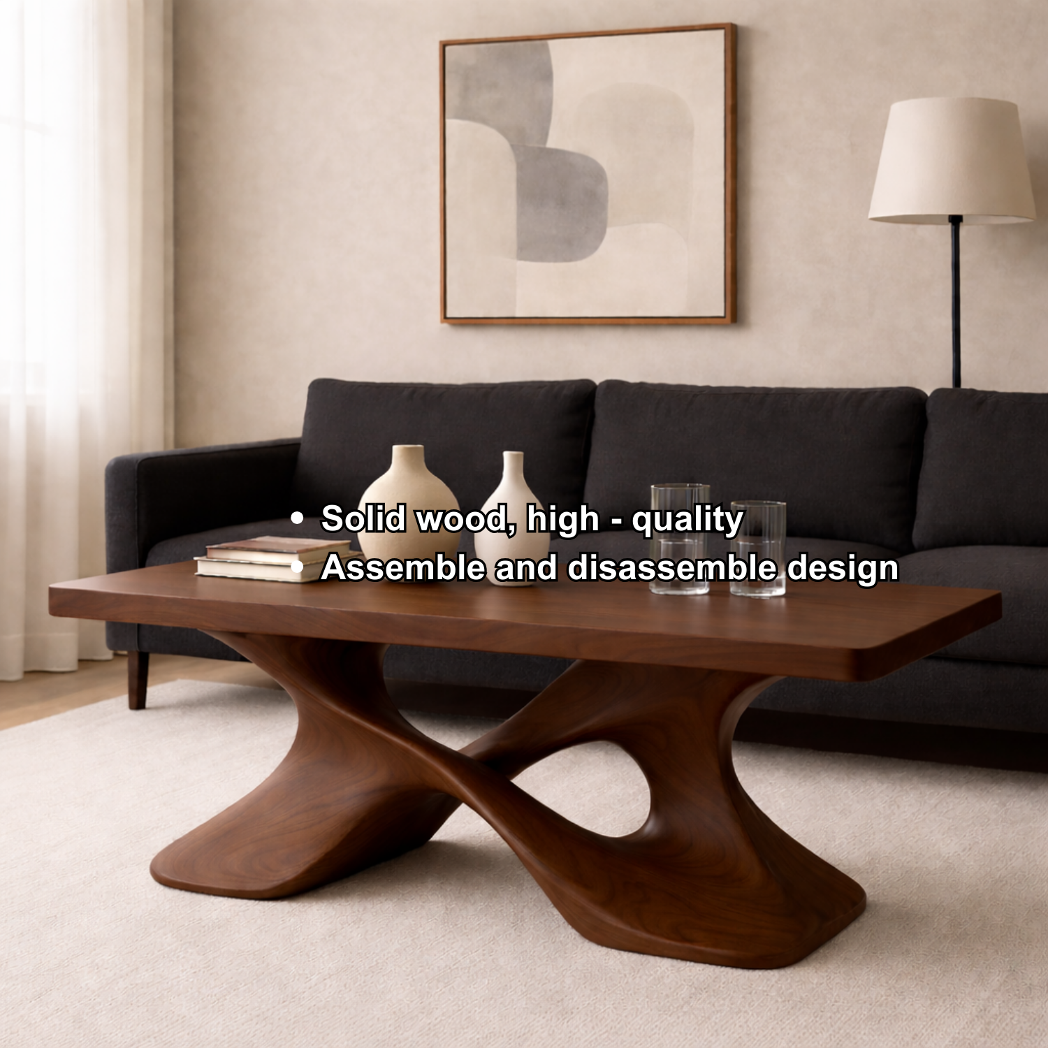 Elegant Solid Wood Coffee Table with Curved Base – Modern Living Room Decor