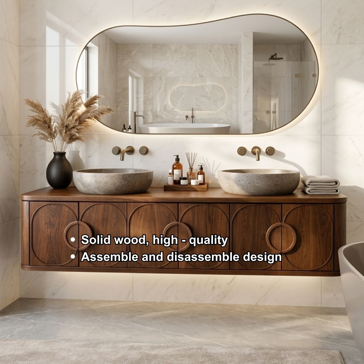 Floating Bathroom Vanity with Circular Carved Doors and Sculptural Ring Handles