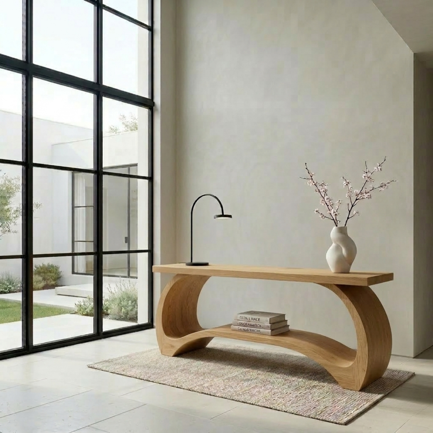 Sculptural Solid Wood Console Table with Curved Base – Modern Statement Entryway Table
