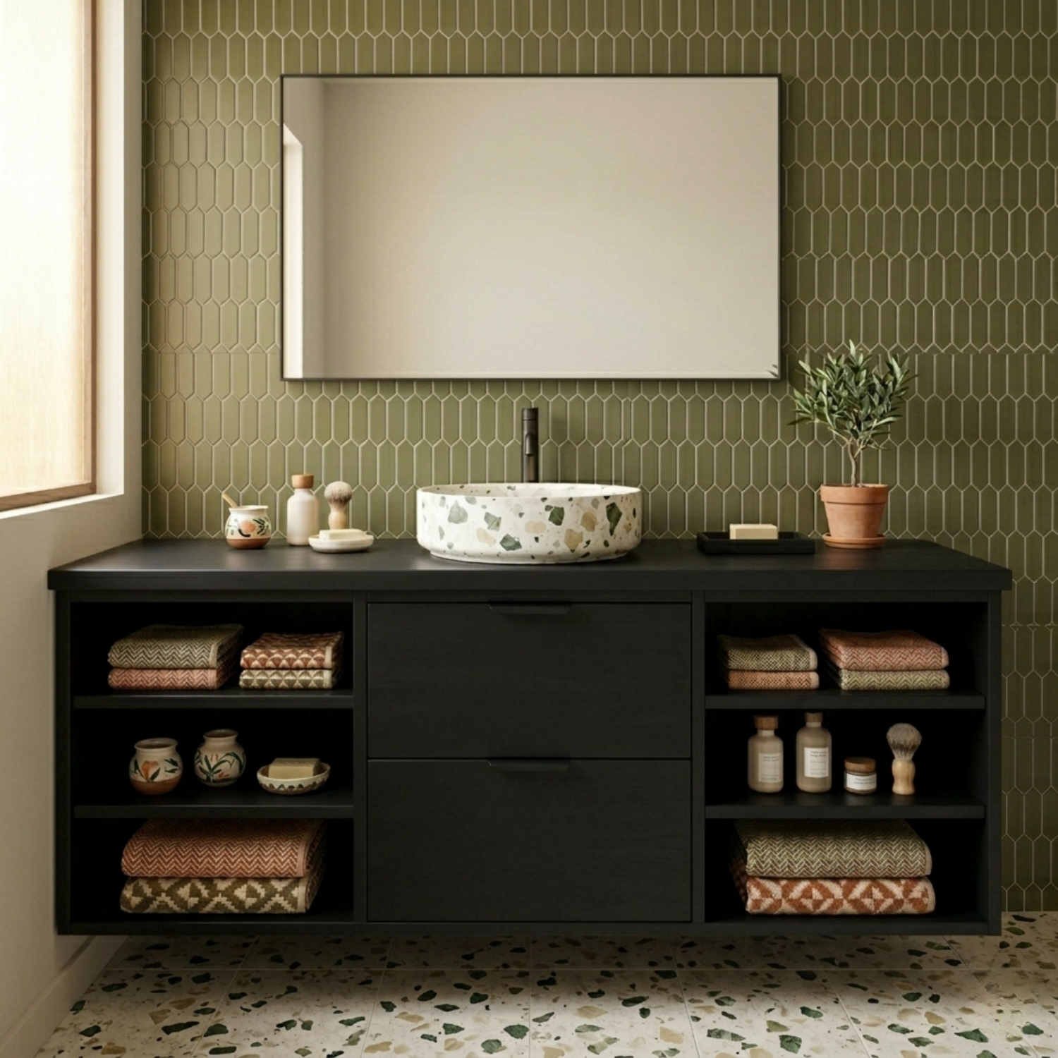 Floating Solid Wood Bathroom Vanity with Open Shelves and Double Drawers
