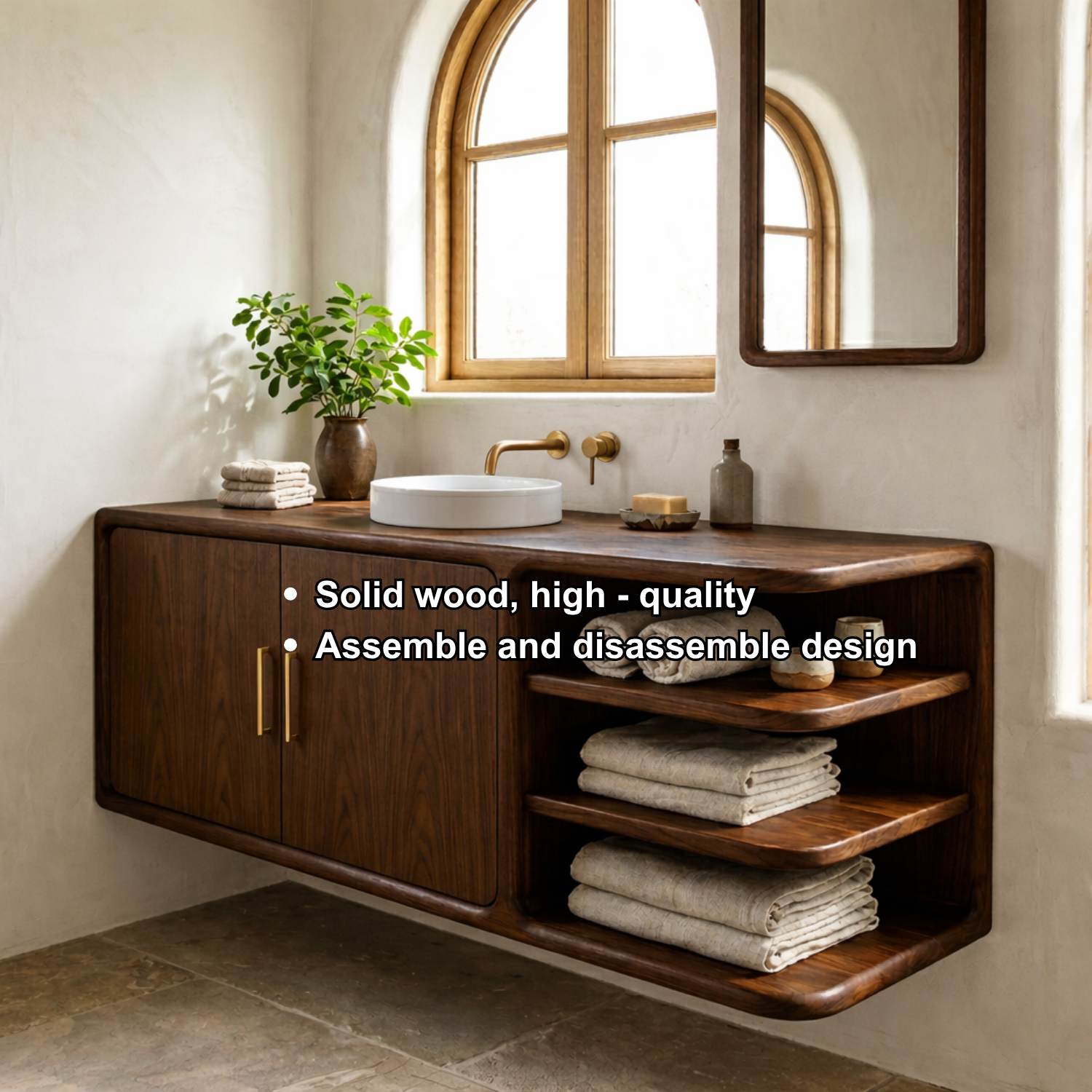 Floating Solid Wood Bathroom Vanity with Rounded Frame, Cabinet Doors and Open Shelving