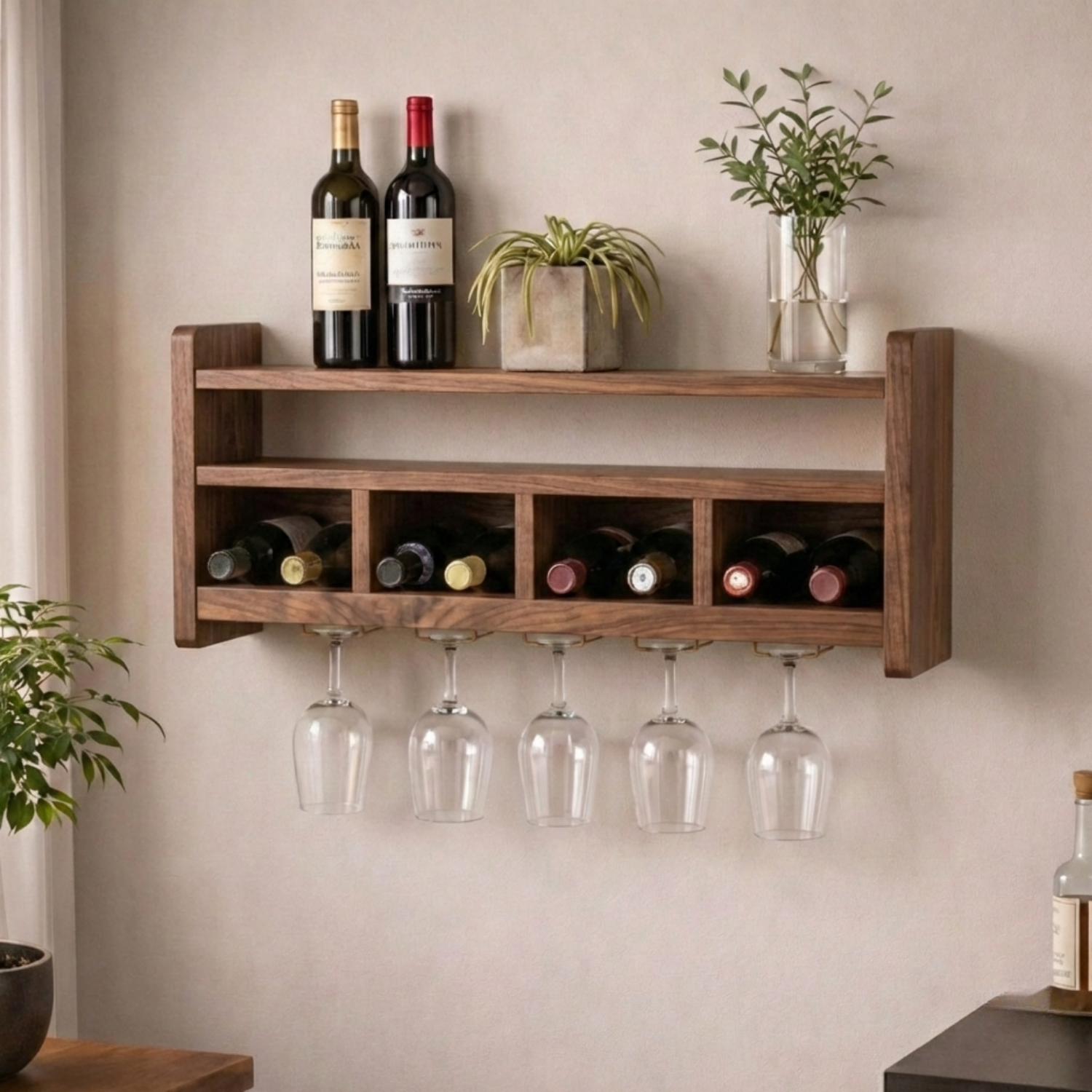 Handcrafted Wooden Wall Wine Rack with Glass Holder – Modern Home Bar Shelf