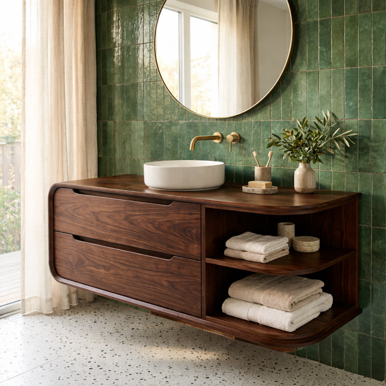 Floating Solid Wood Bathroom Vanity with Rounded Corners, Two Drawers and Open Shelf