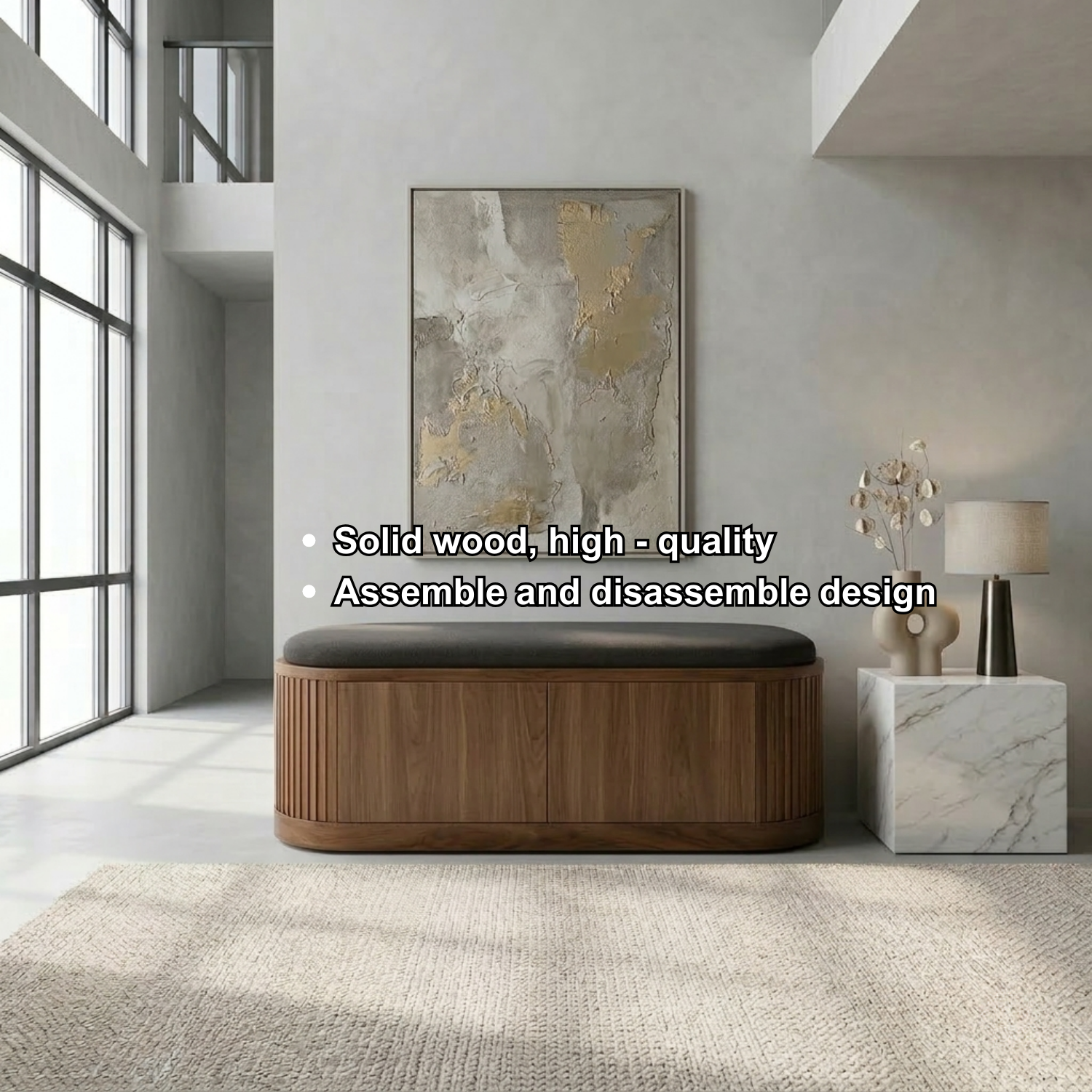 Solid Wood Shoe Storage Bench with Fluted Sides and Hidden Cabinet Entryway Bench