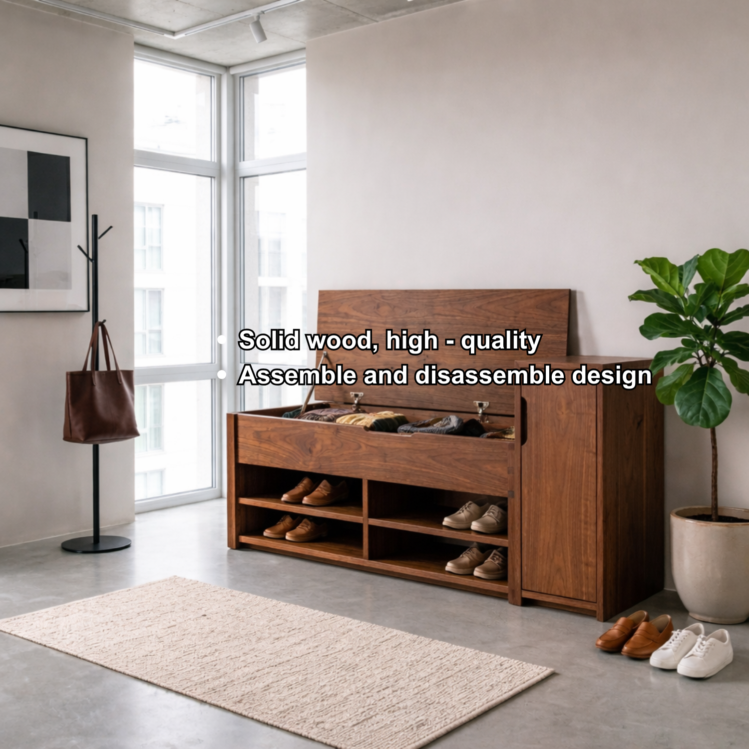 Solid Wood Shoe Storage Bench with Lift Top & Side Cabinet – Entryway Storage Bench