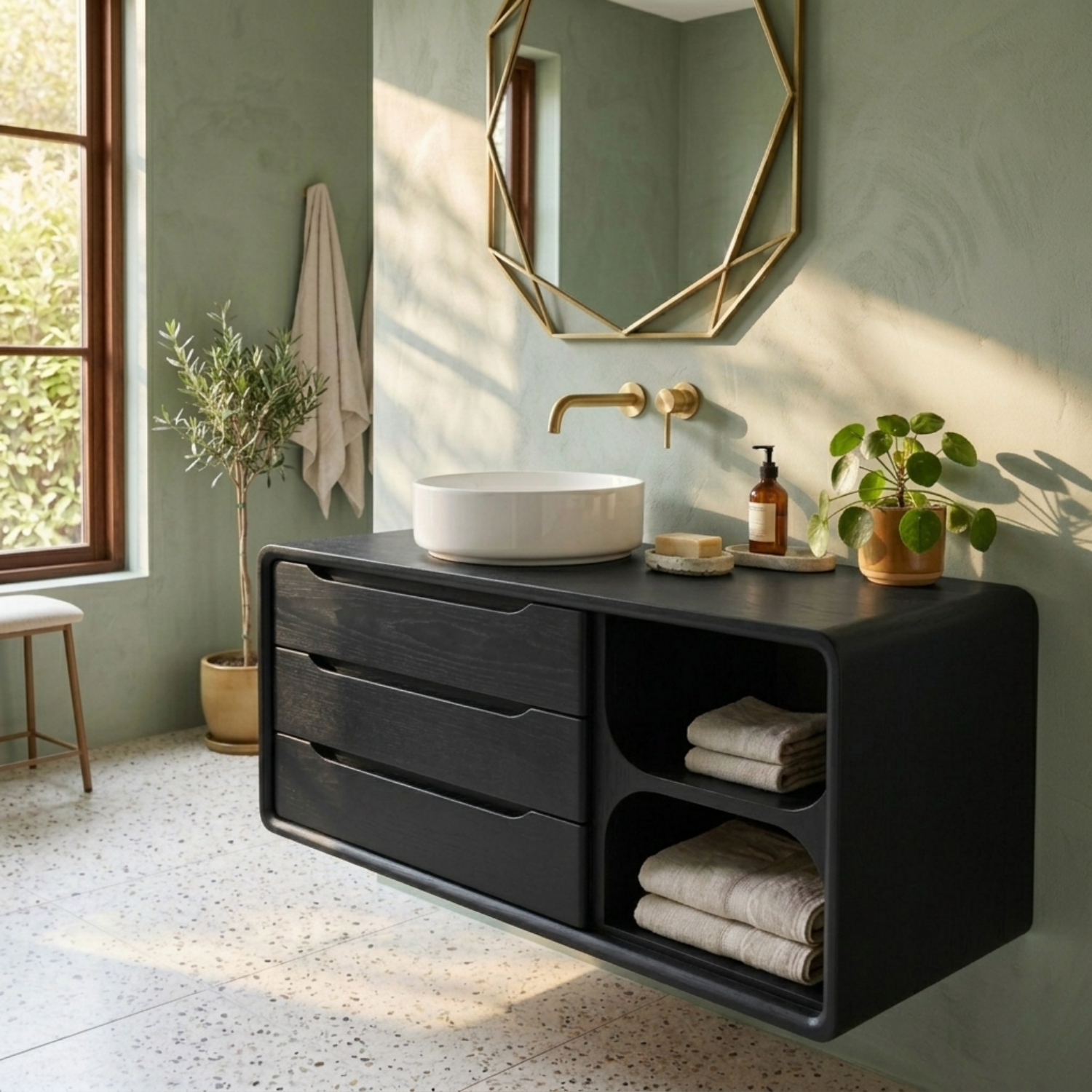 Floating Solid Wood Bathroom Vanity with Rounded Frame, Three Drawers and Side Open Shelf