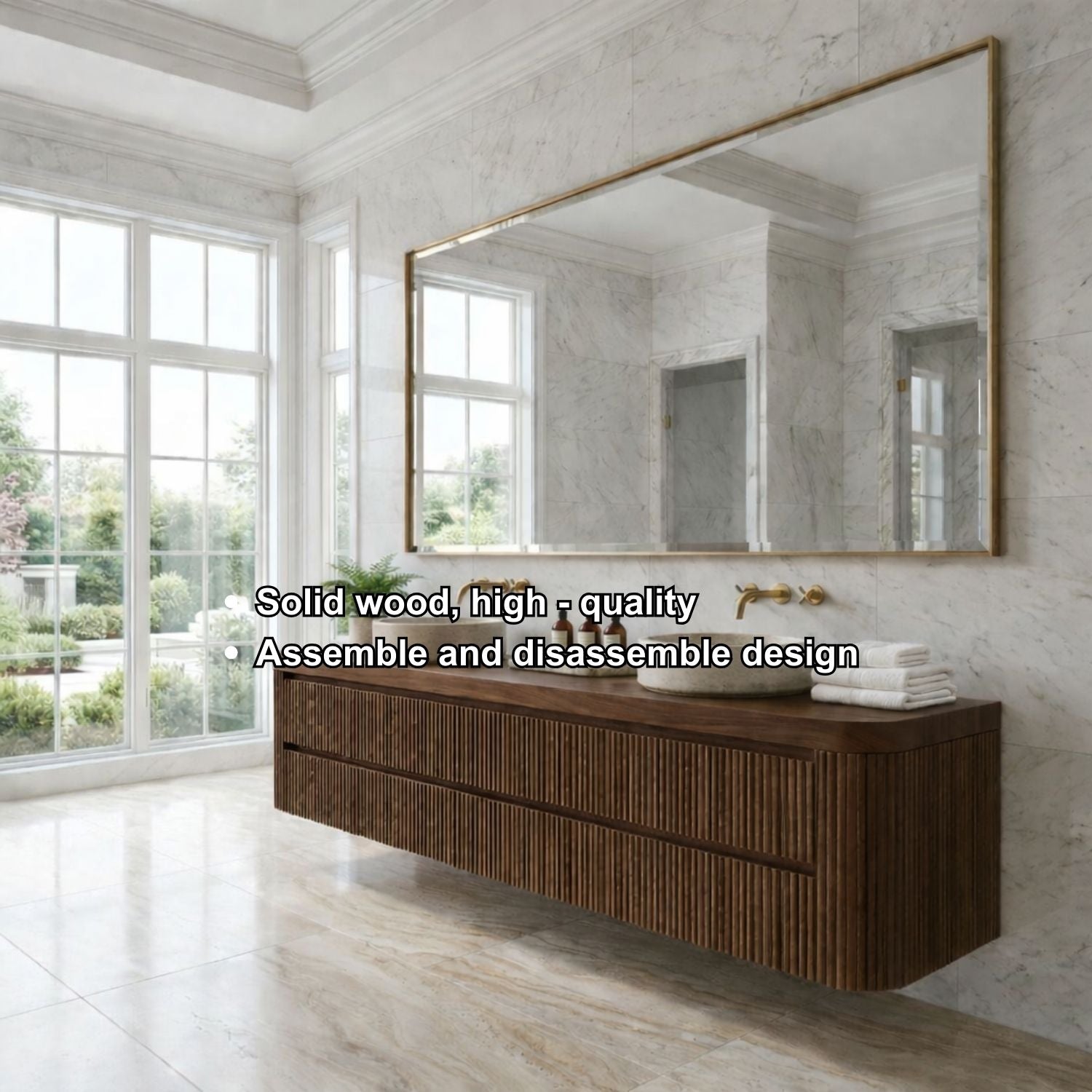 Floating Double Sink Bathroom Vanity with Fluted Front Drawers – Modern Solid Wood
