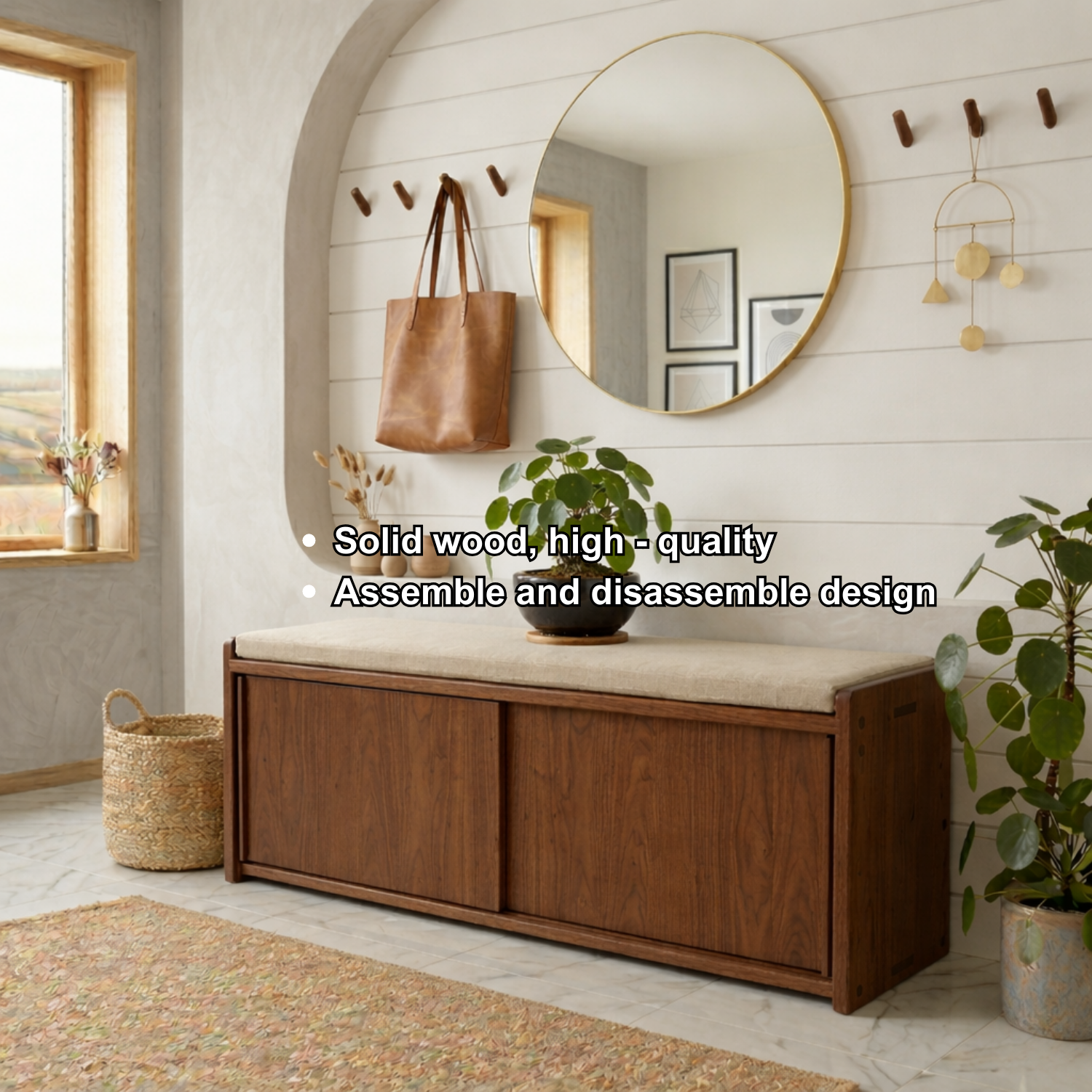 Minimalist Solid Wood Shoe Storage Bench – Sliding Door Entryway Bench Cabinet