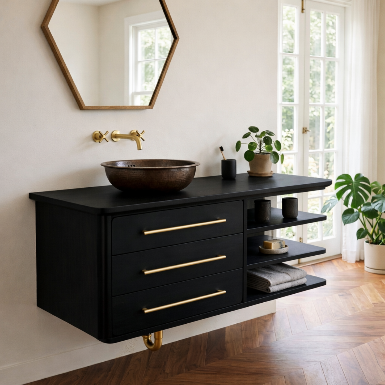 Floating Solid Wood Bathroom Vanity with Three Drawers and Side Open Shelving
