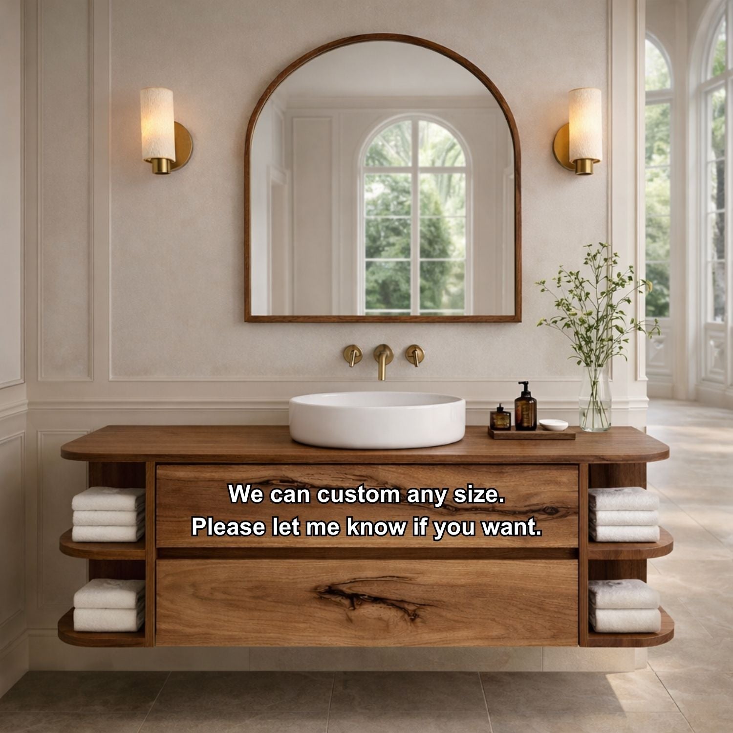 Floating Bathroom Vanity with Curved Open Shelves – Handcrafted Solid Wood Design