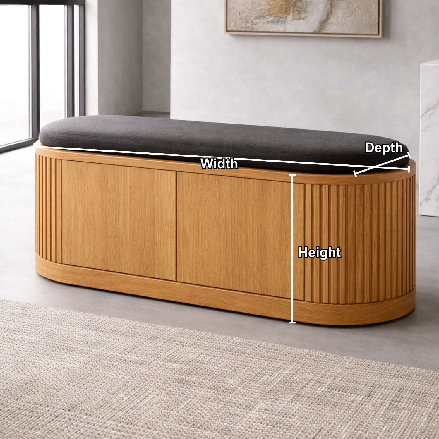 Solid Wood Shoe Storage Bench with Fluted Sides and Hidden Cabinet Entryway Bench