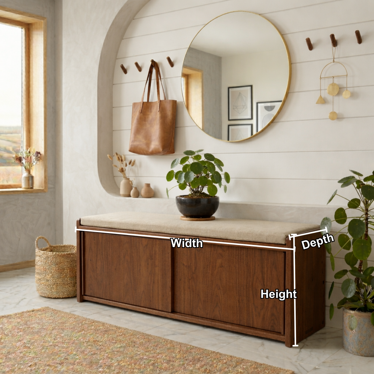Minimalist Solid Wood Shoe Storage Bench – Sliding Door Entryway Bench Cabinet