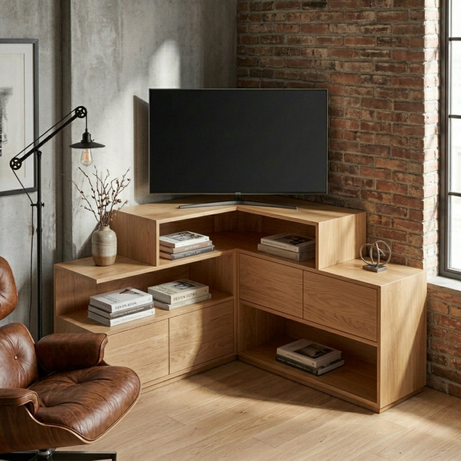 Solid Wood Corner TV Stand with Tiered Shelves and Storage Cabinets