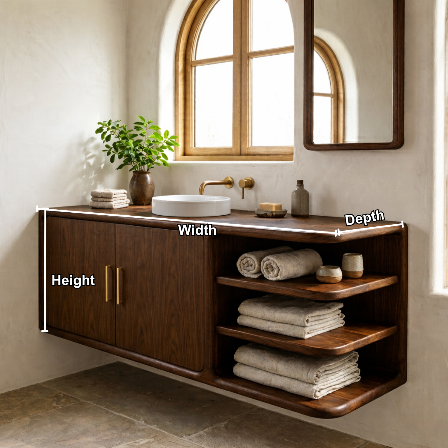 Floating Solid Wood Bathroom Vanity with Rounded Frame, Cabinet Doors and Open Shelving