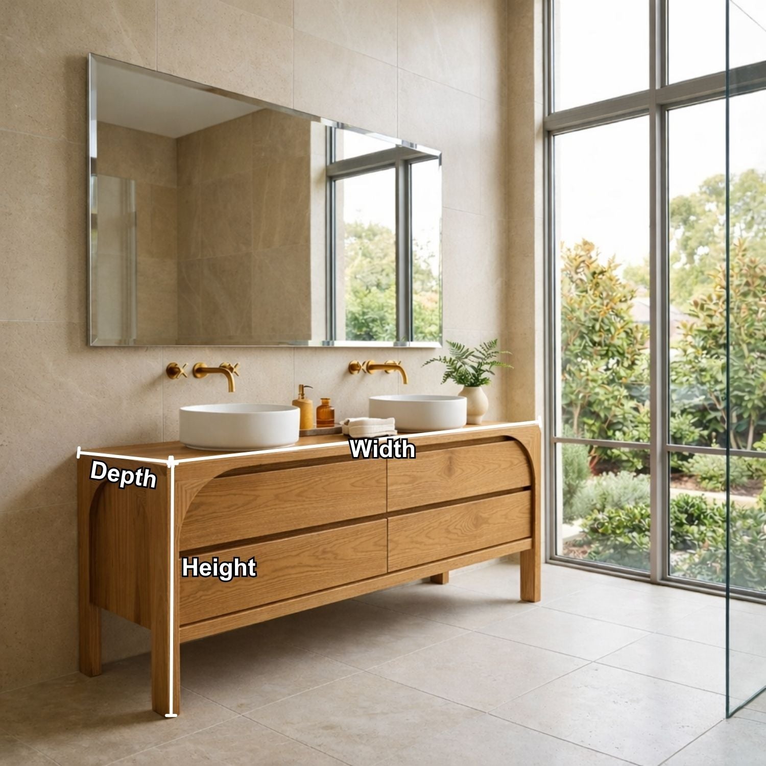 Solid Wood Modern Double Sink Bathroom Vanity with Curved Edge Frame & 4 Drawers