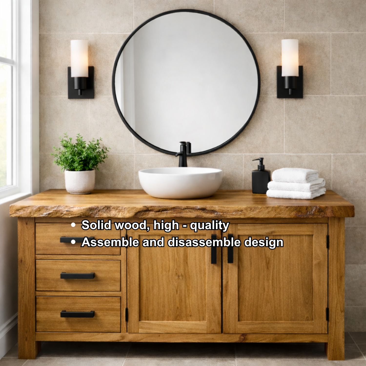 Live Edge Solid Wood Bathroom Vanity with 3 Drawers and Double Door Cabinet