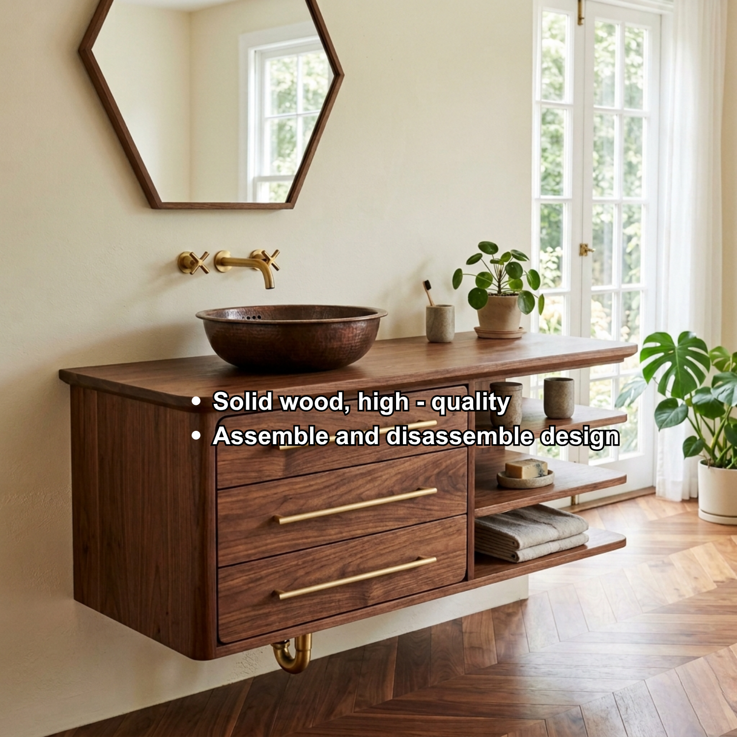 Floating Solid Wood Bathroom Vanity with Three Drawers and Side Open Shelving