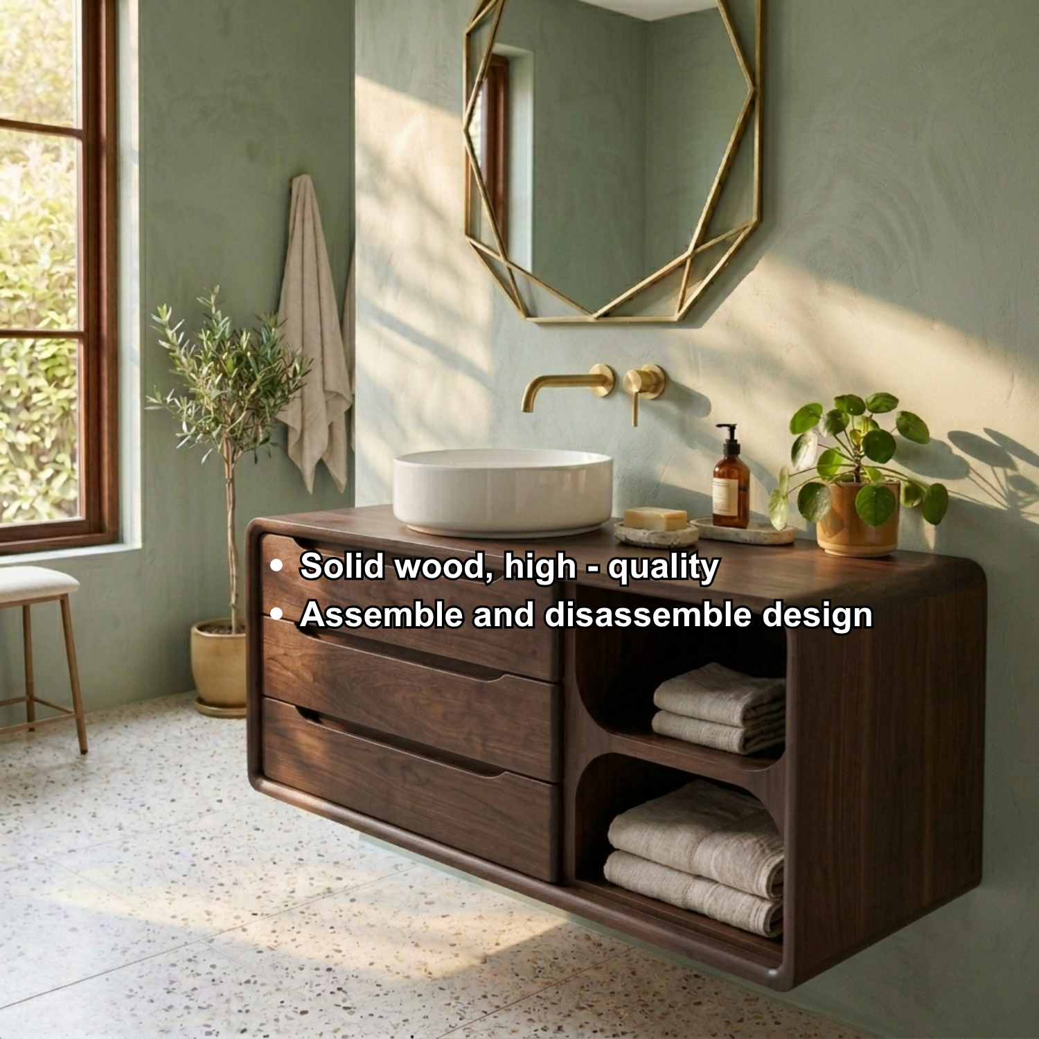 Floating Solid Wood Bathroom Vanity with Rounded Frame, Three Drawers and Side Open Shelf