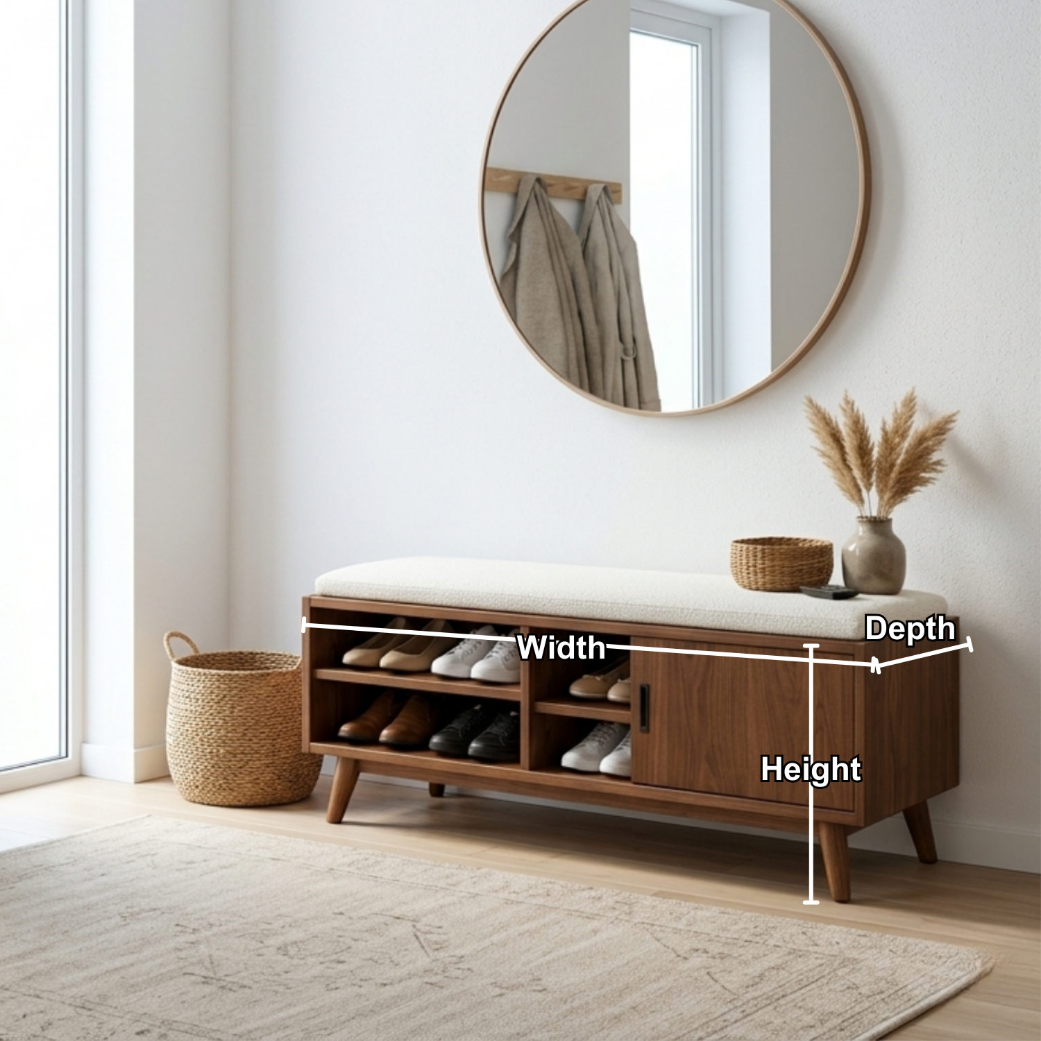 Solid Wood Shoe Storage Bench with Open Shelves and Side Cabinet Entryway Bench