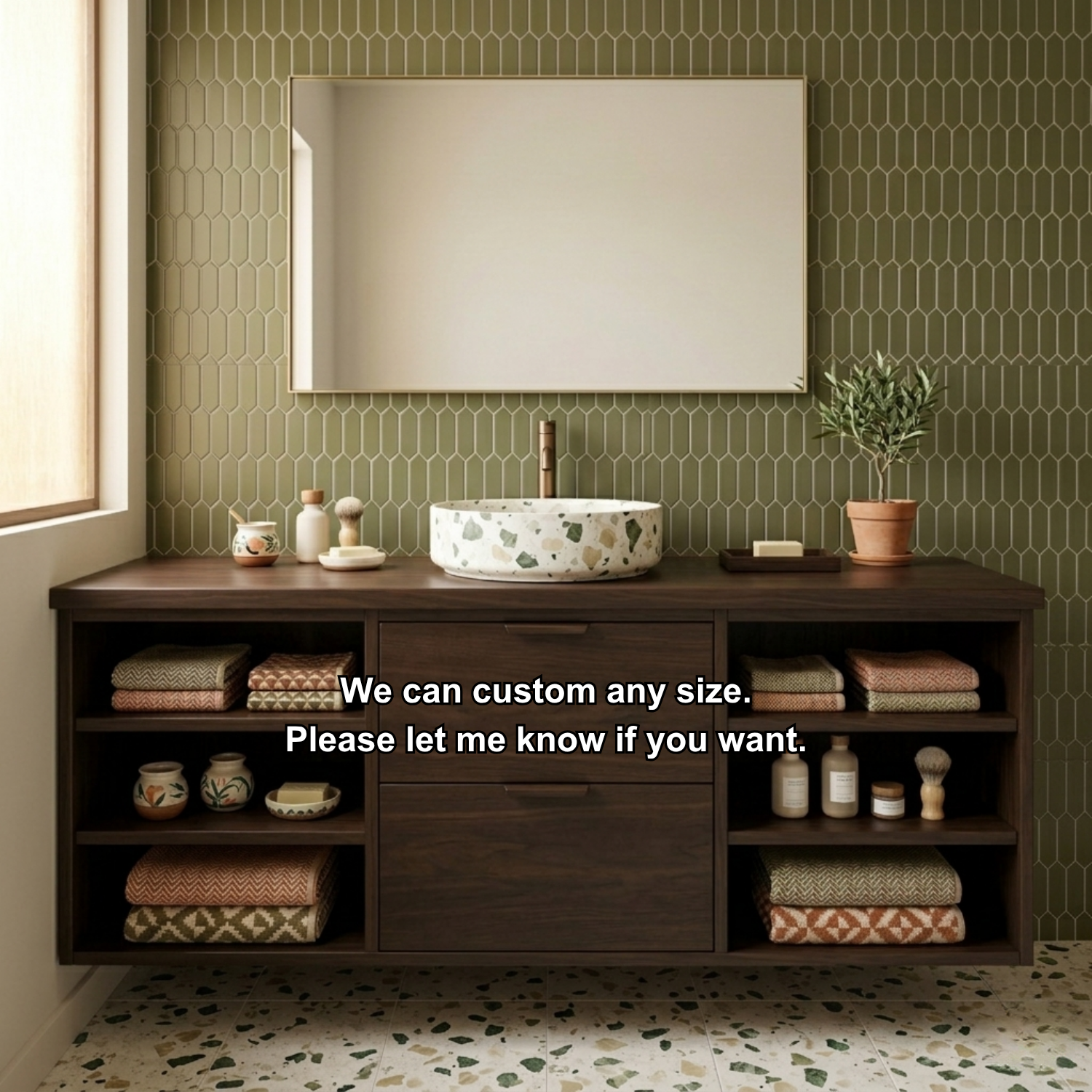 Floating Solid Wood Bathroom Vanity with Open Shelves and Double Drawers