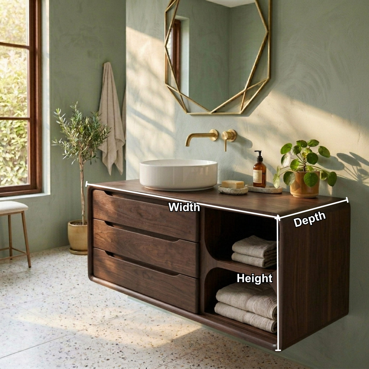 Floating Solid Wood Bathroom Vanity with Rounded Frame, Three Drawers and Side Open Shelf