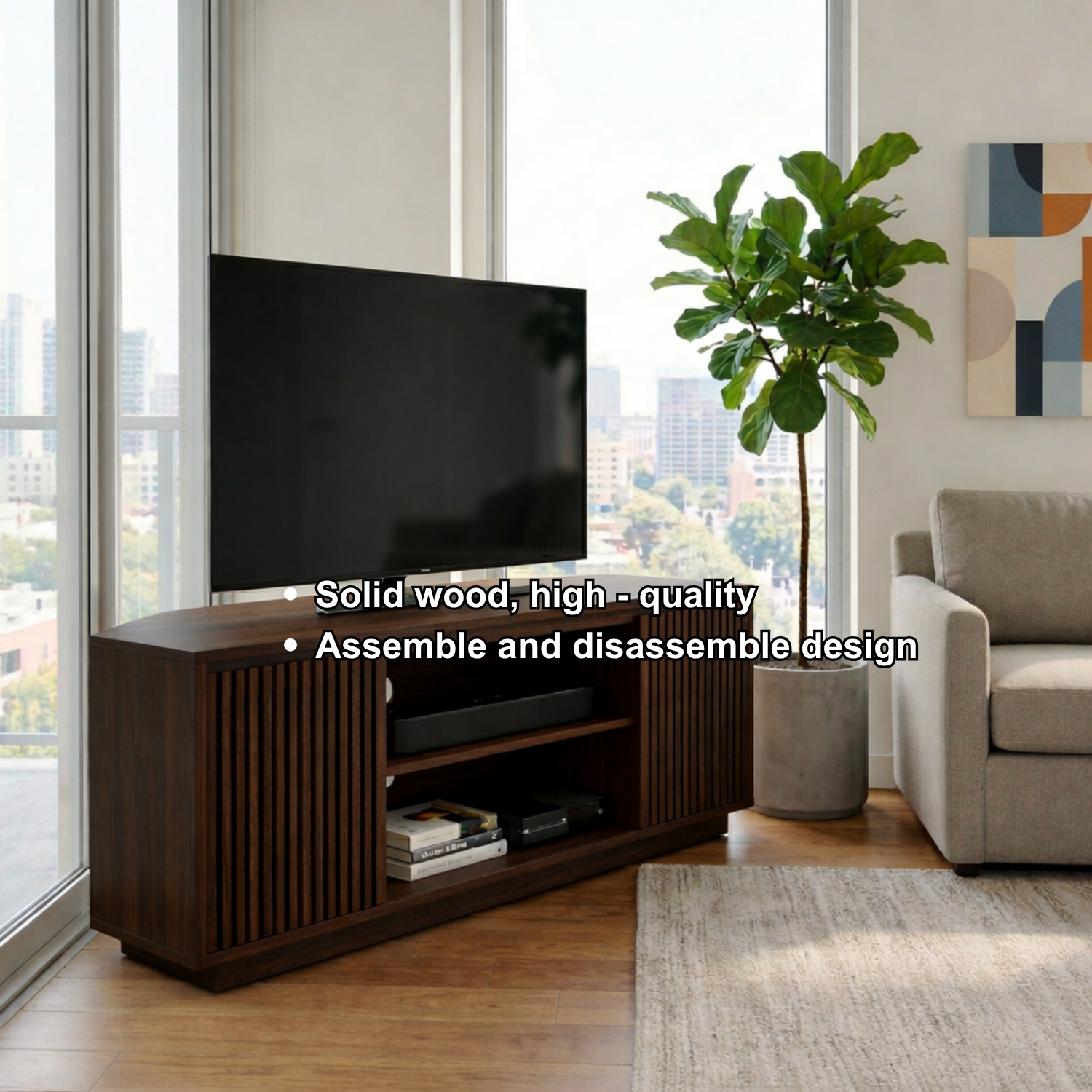 Solid Wood Corner TV Stand with Slatted Doors and Open Media Shelf