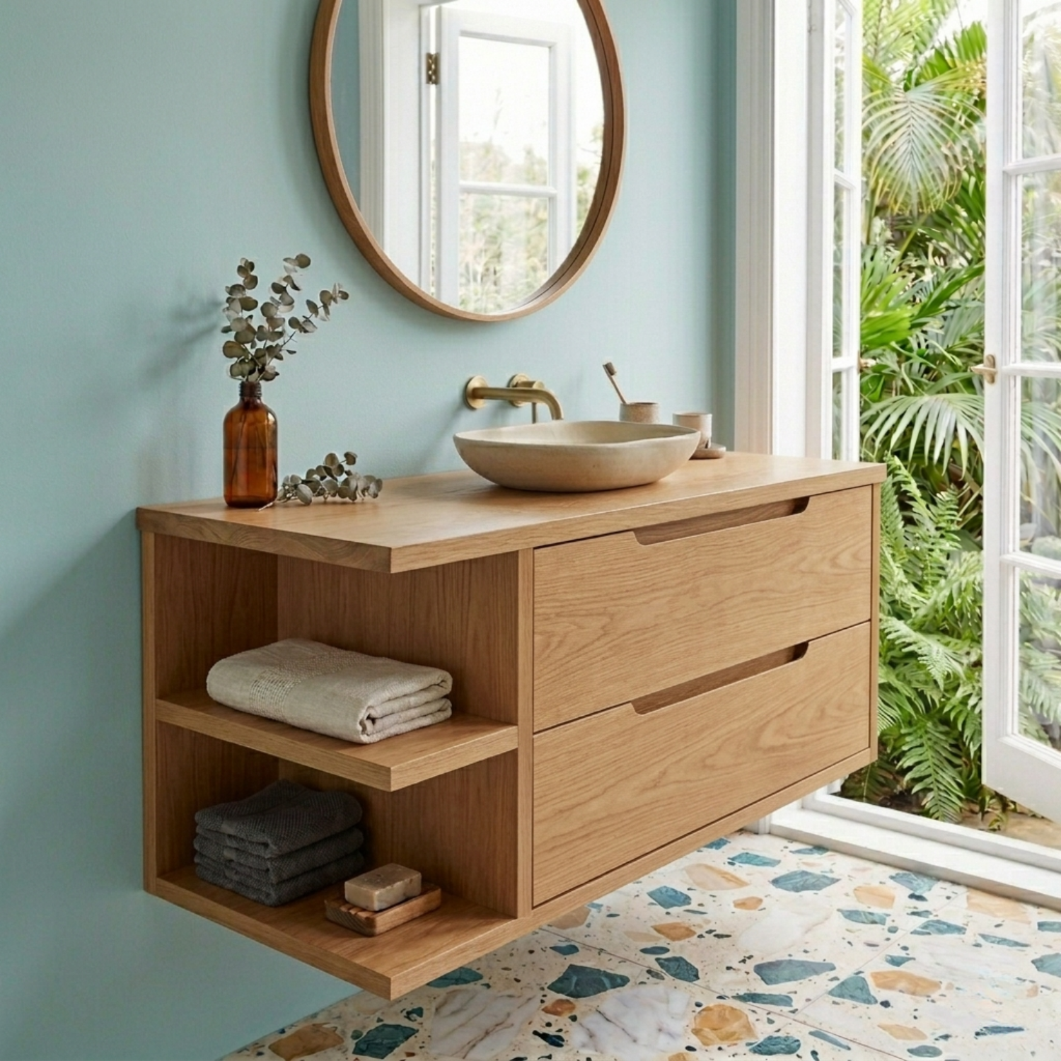 Floating Solid Wood Bathroom Vanity with Side Open Shelves and Double Drawers