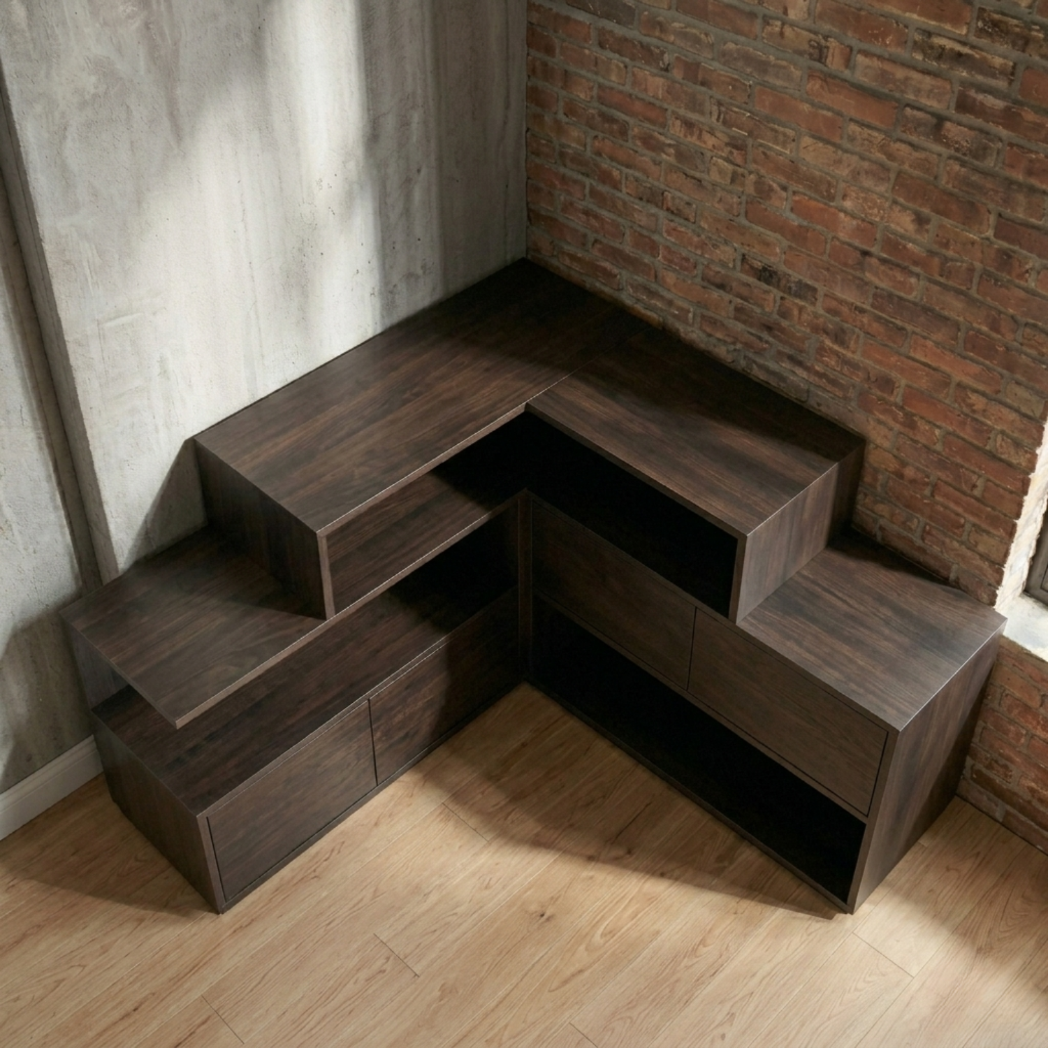 Solid Wood Corner TV Stand with Tiered Shelves and Storage Cabinets