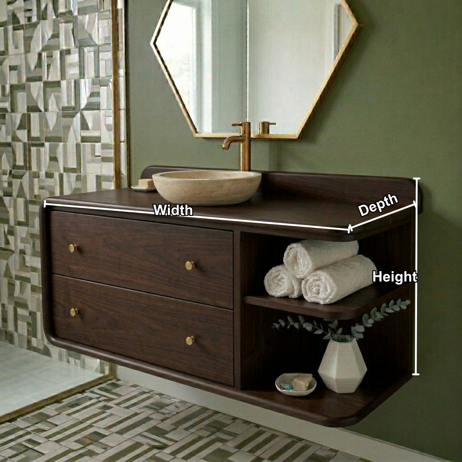 Floating Solid Wood Bathroom Vanity with Rounded Edges, Side Open Shelf and Double Drawers